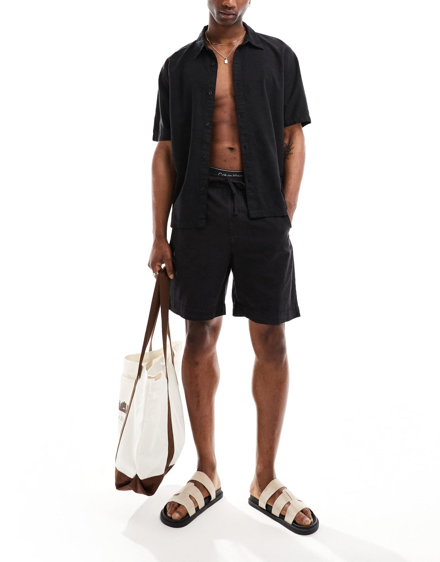 Bershka linen look short co-ord in black - ASOS Sample Sale