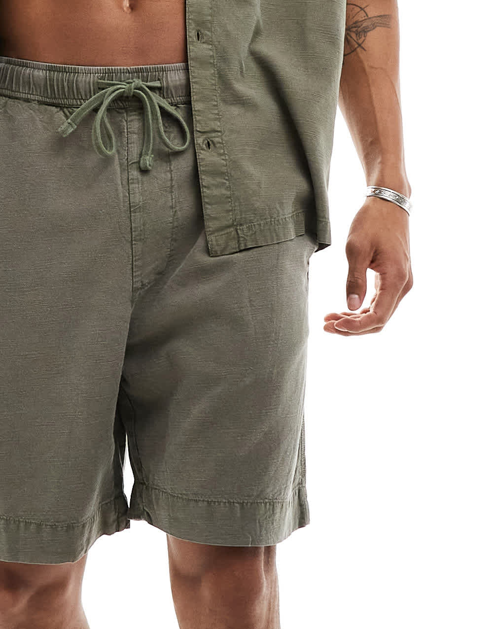 Bershka linen look short co - ord in khaki - ASOS Sample Sale