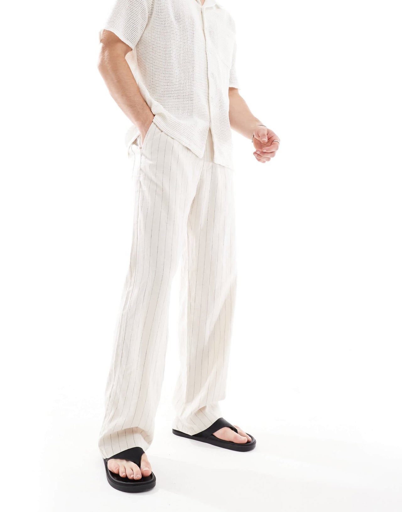 Bershka linen rich striped trouser in sand - ASOS Sample Sale