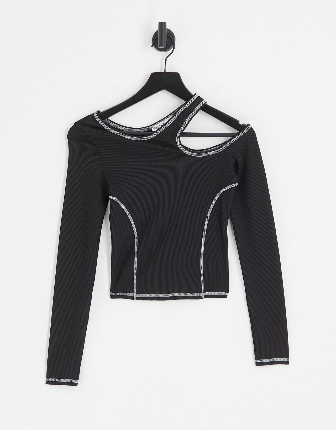 Bershka long sleeve asymmetric contrast stitching top in Black - ASOS Sample Sale