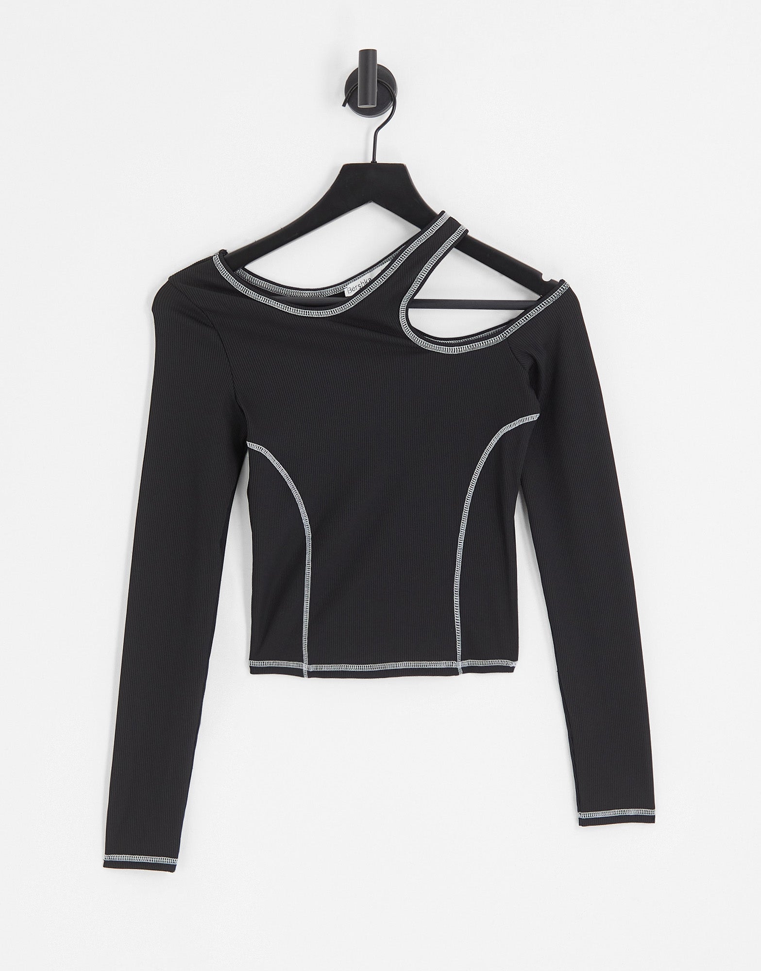 Bershka long sleeve asymmetric contrast stitching top in Black - ASOS Sample Sale