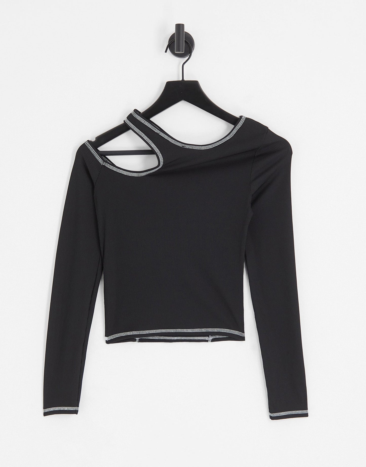 Bershka long sleeve asymmetric contrast stitching top in Black - ASOS Sample Sale