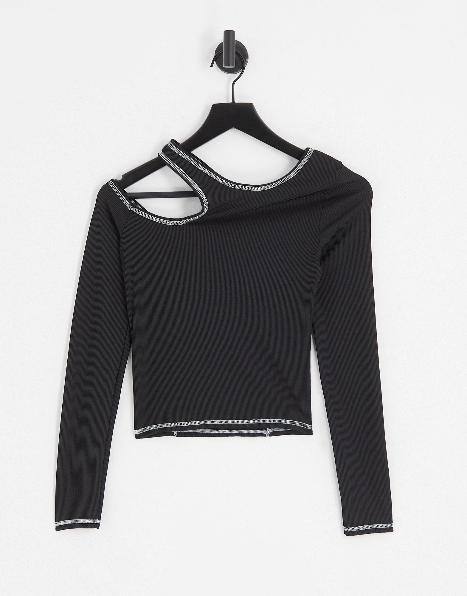 Bershka long sleeve asymmetric contrast stitching top in Black - ASOS Sample Sale