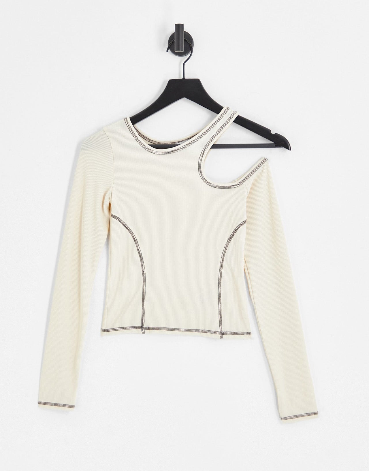 Bershka long sleeve asymmetric contrast stitching top in Ecru - ASOS Sample Sale