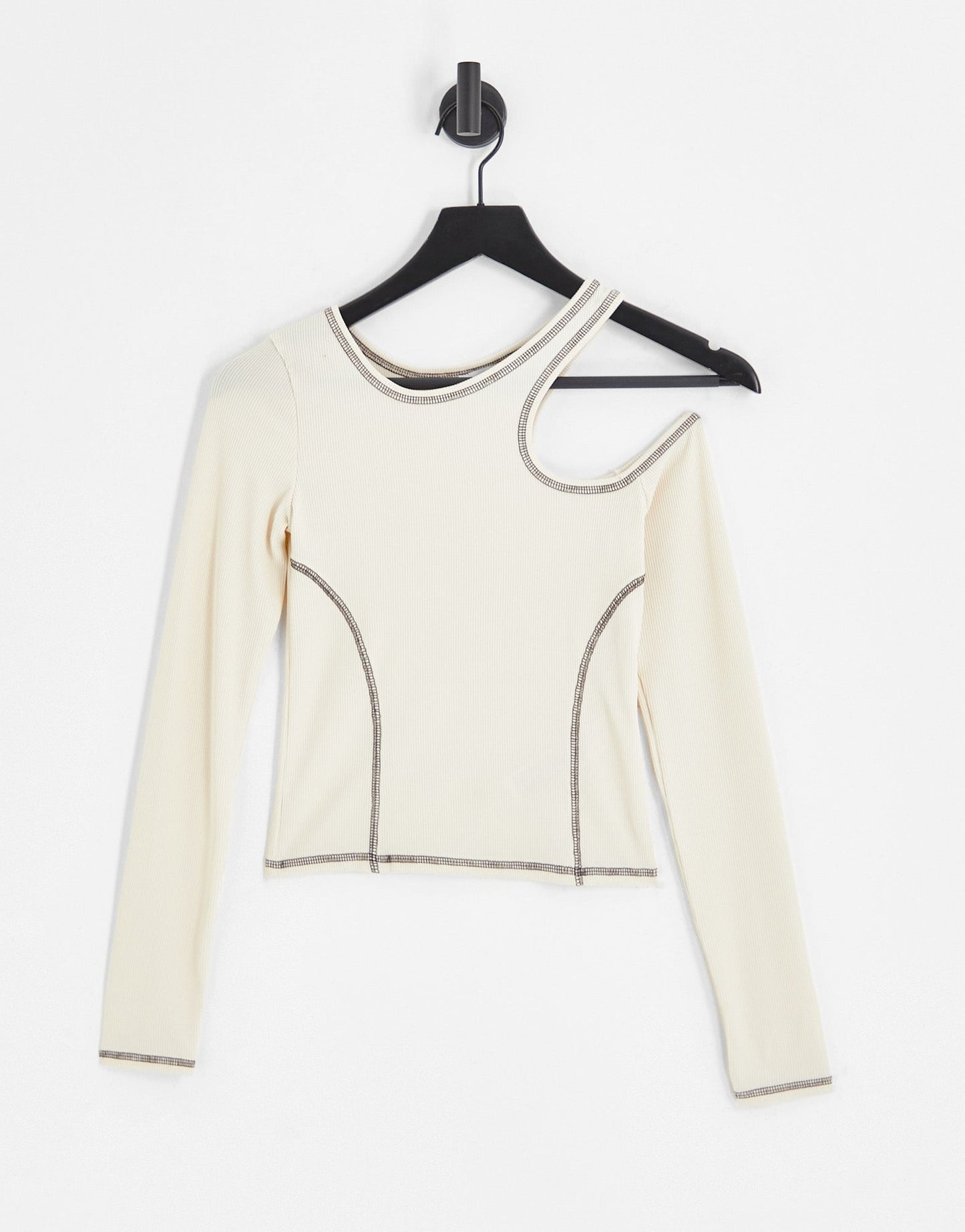 Bershka long sleeve asymmetric contrast stitching top in Ecru - ASOS Sample Sale