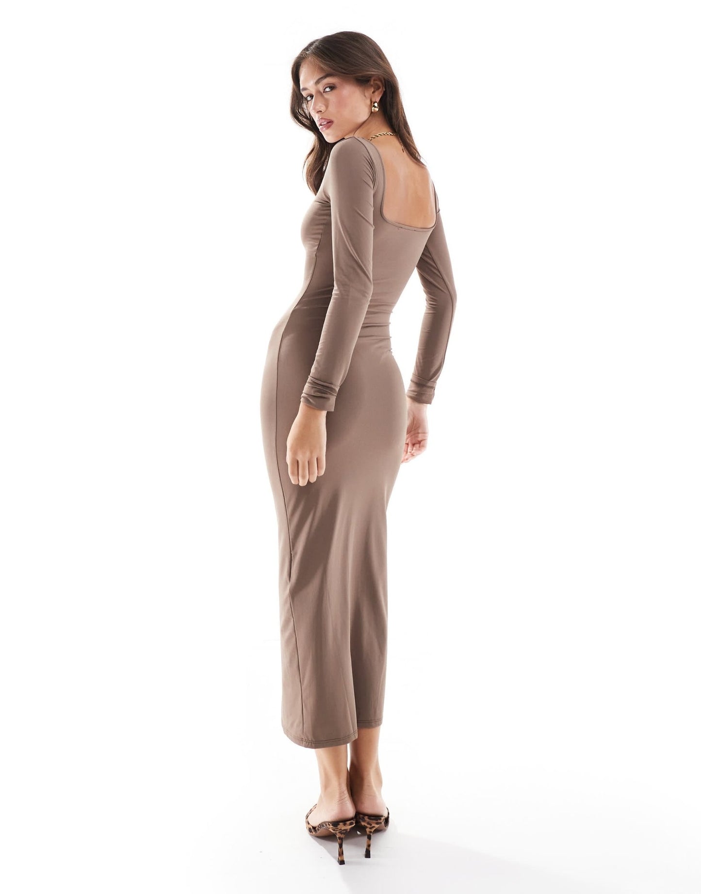 Bershka long sleeve square neck bodycon midaxi dress in beige - ASOS Sample Sale