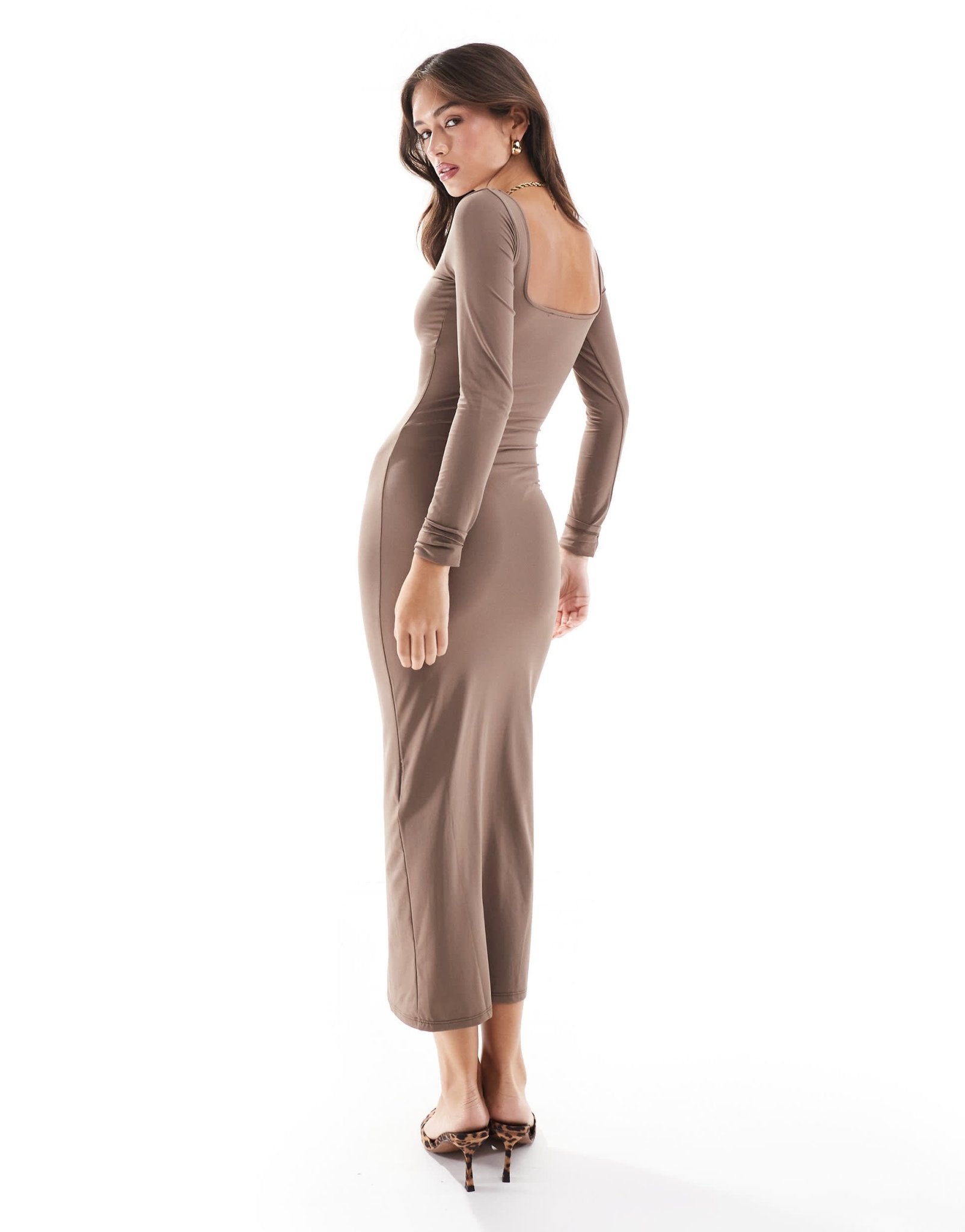 Bershka long sleeve square neck bodycon midaxi dress in beige - ASOS Sample Sale
