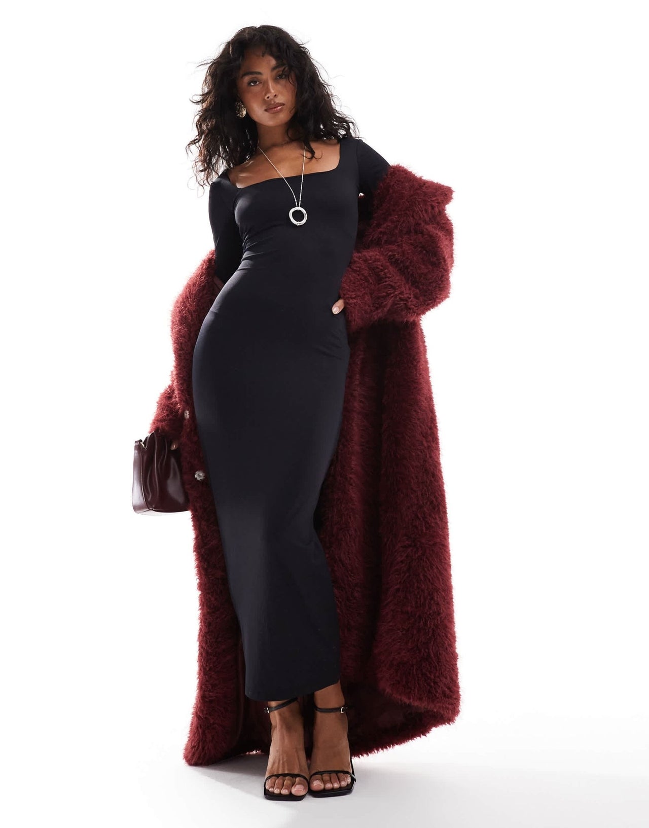 Bershka long sleeve square neck bodycon midaxi dress in black - ASOS Sample Sale