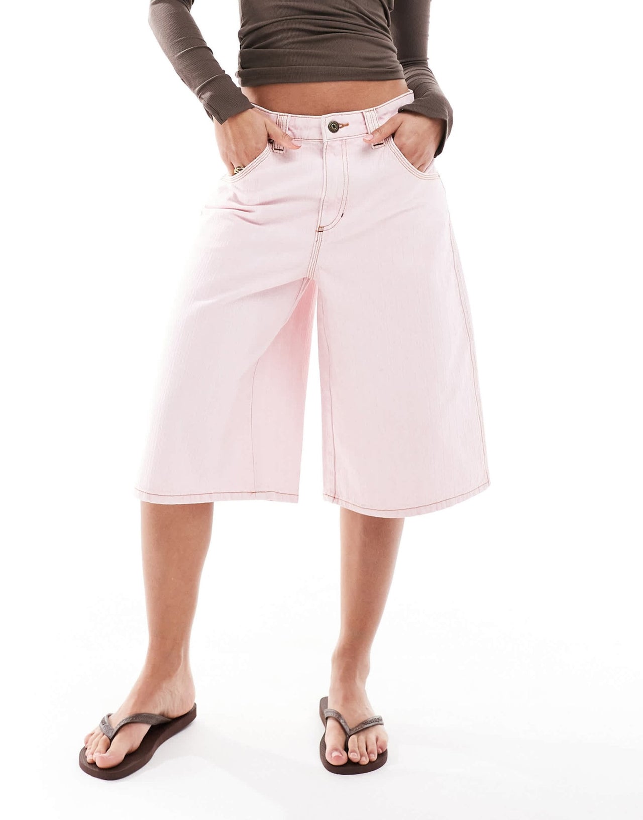 Bershka longline jorts in pink pinstripe - ASOS Sample Sale