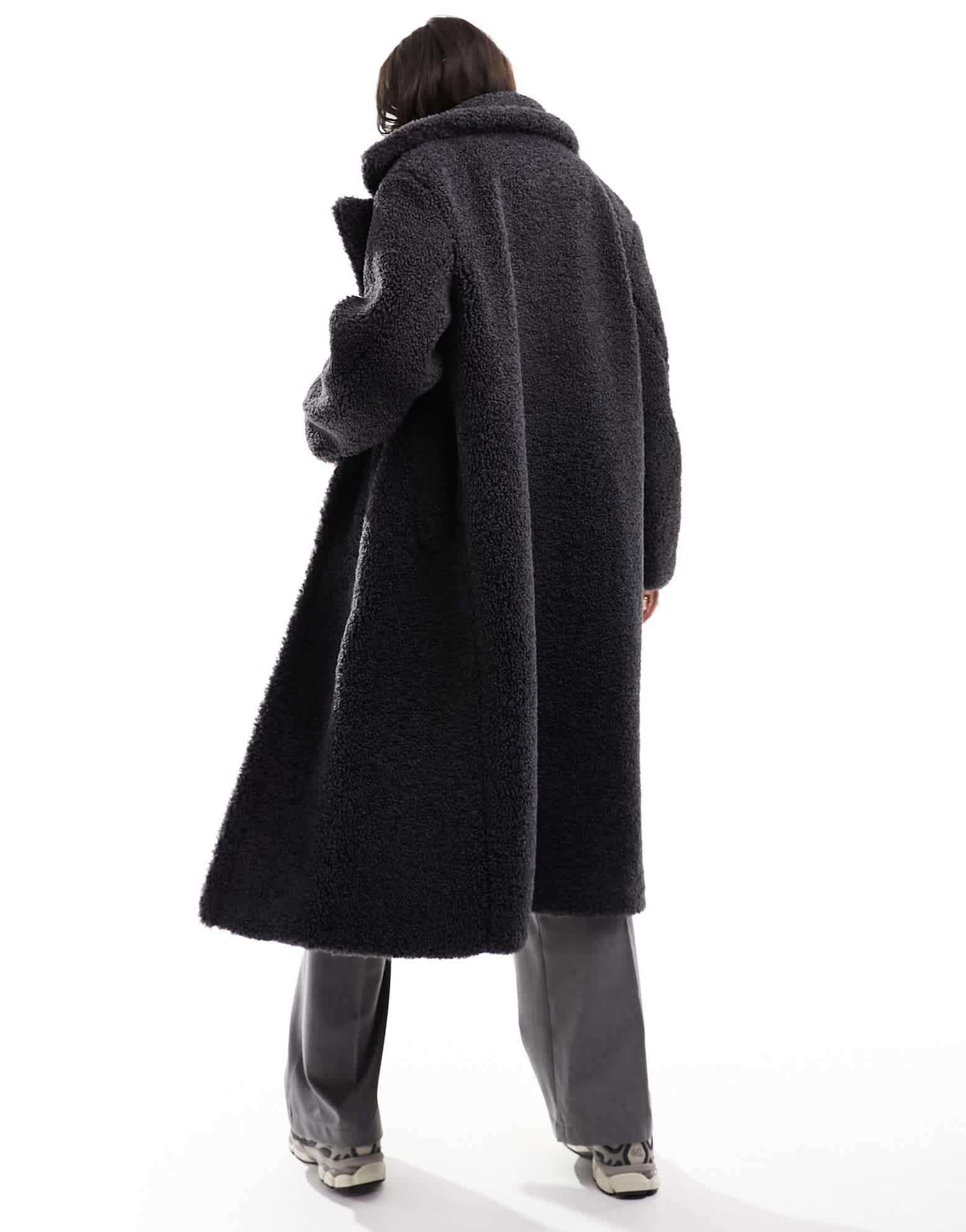 Bershka maxi shearling coat in charcoal - ASOS Sample Sale