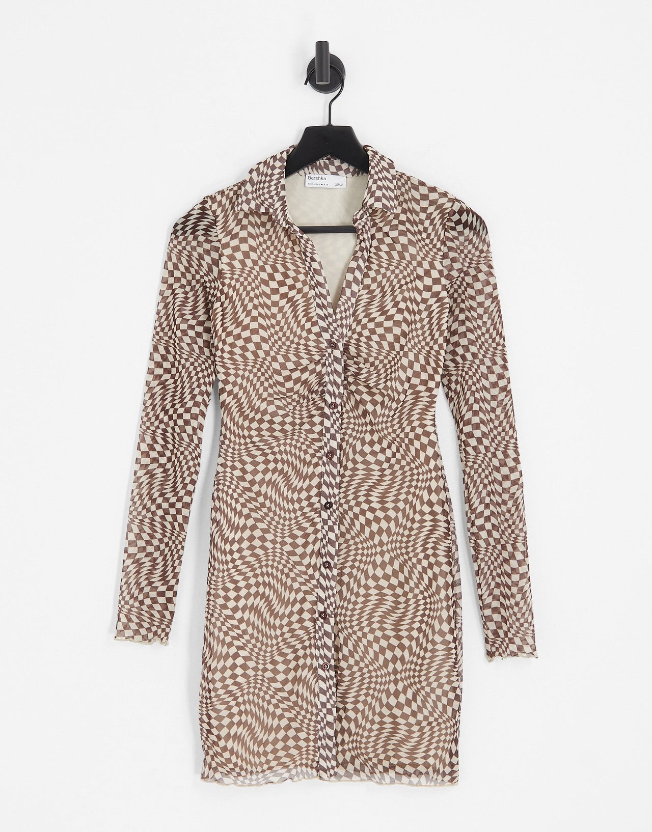 Bershka mesh shirt dress in brown retro checkerboard print - ASOS Sample Sale