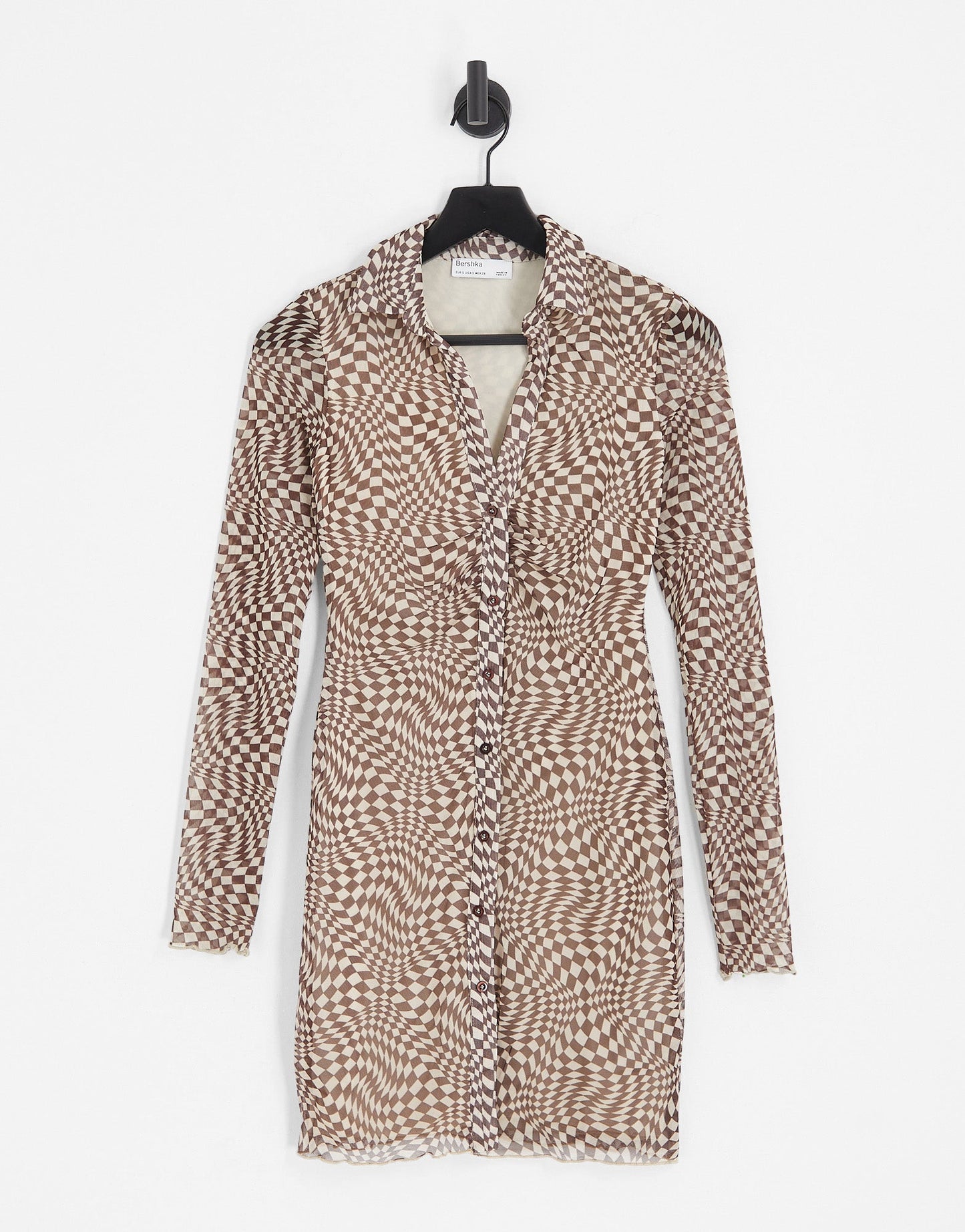 Bershka mesh shirt dress in brown retro checkerboard print - ASOS Sample Sale