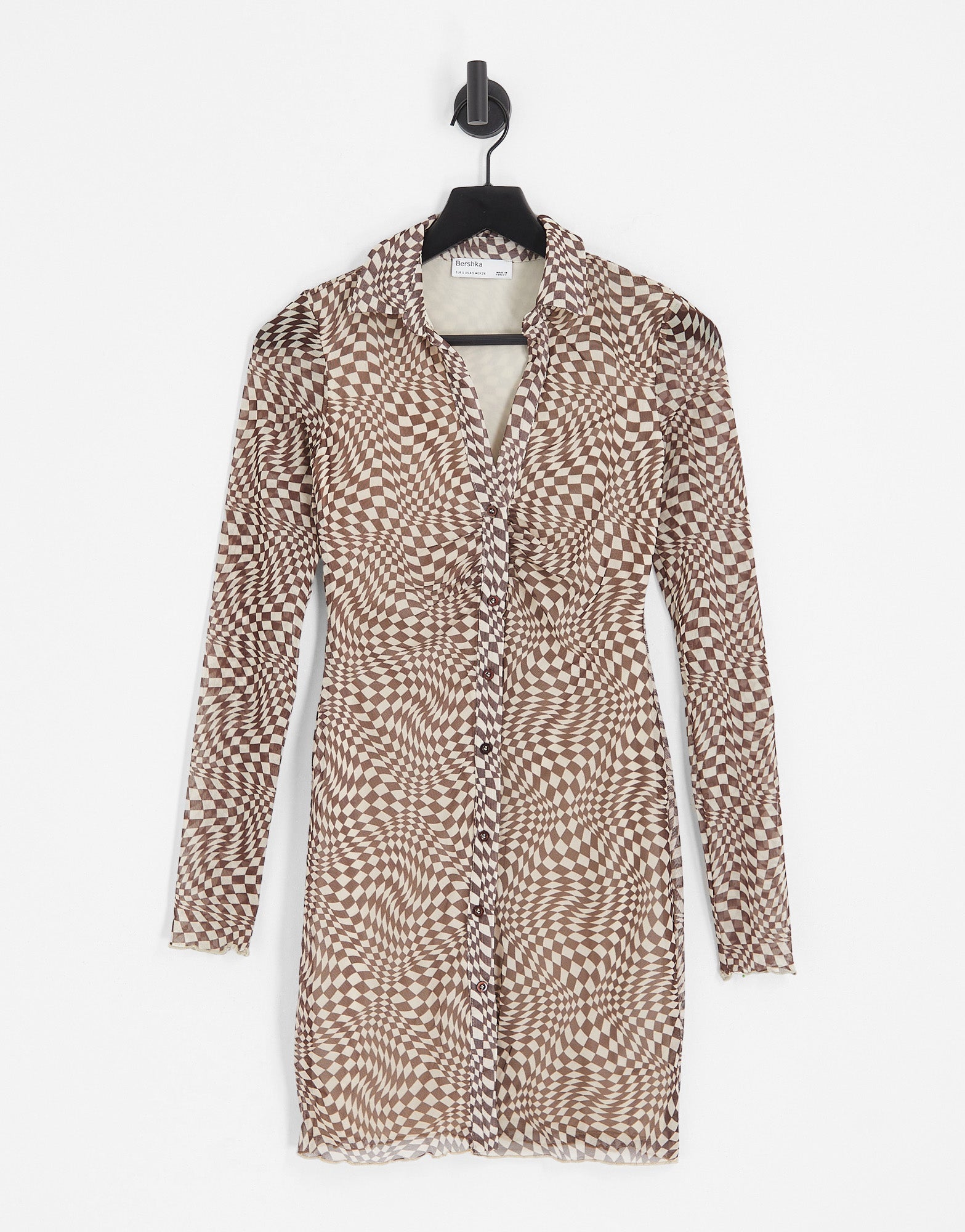Bershka mesh shirt dress in brown retro checkerboard print - ASOS Sample Sale