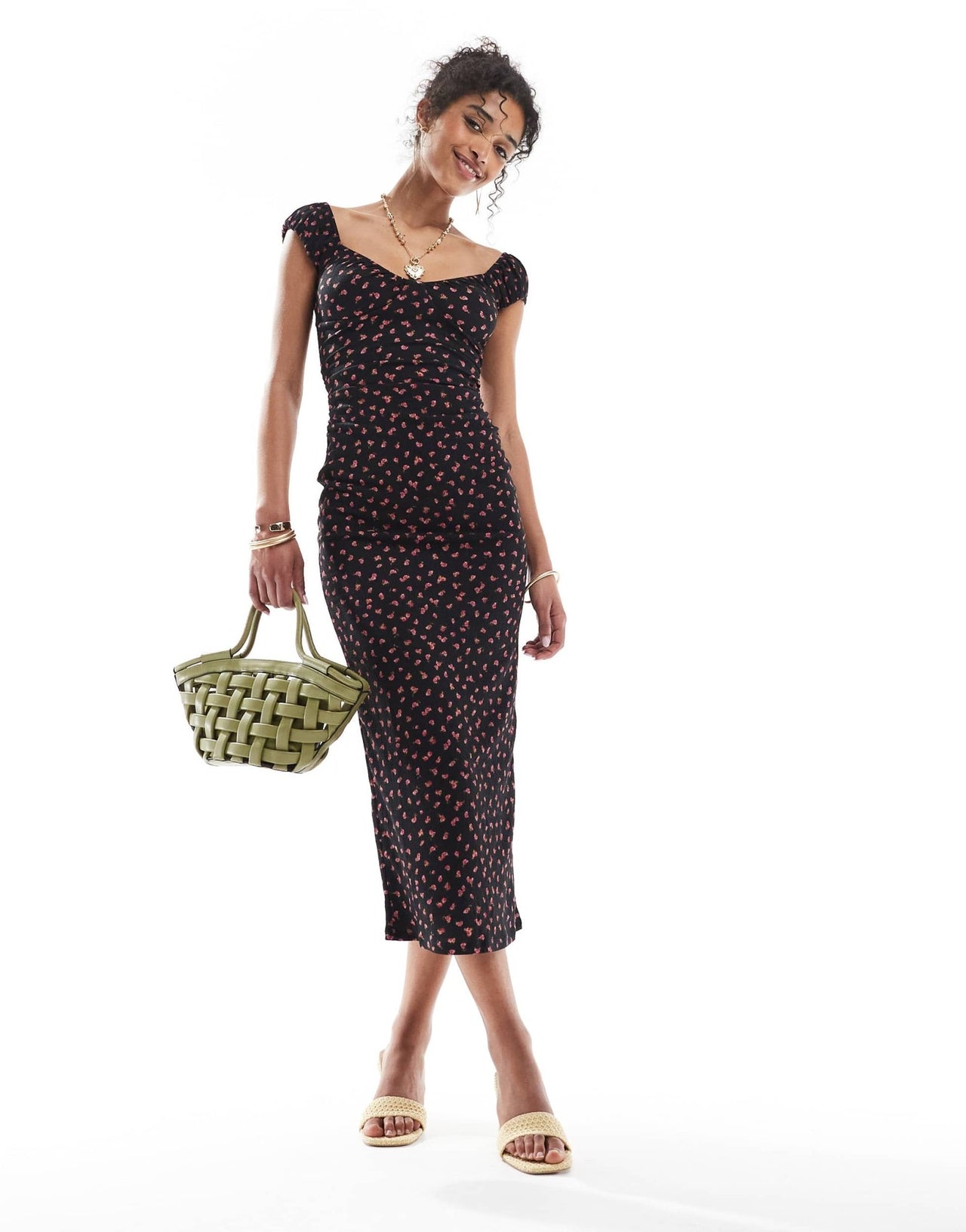 Bershka milkmaid midi dress in black print - ASOS Sample Sale