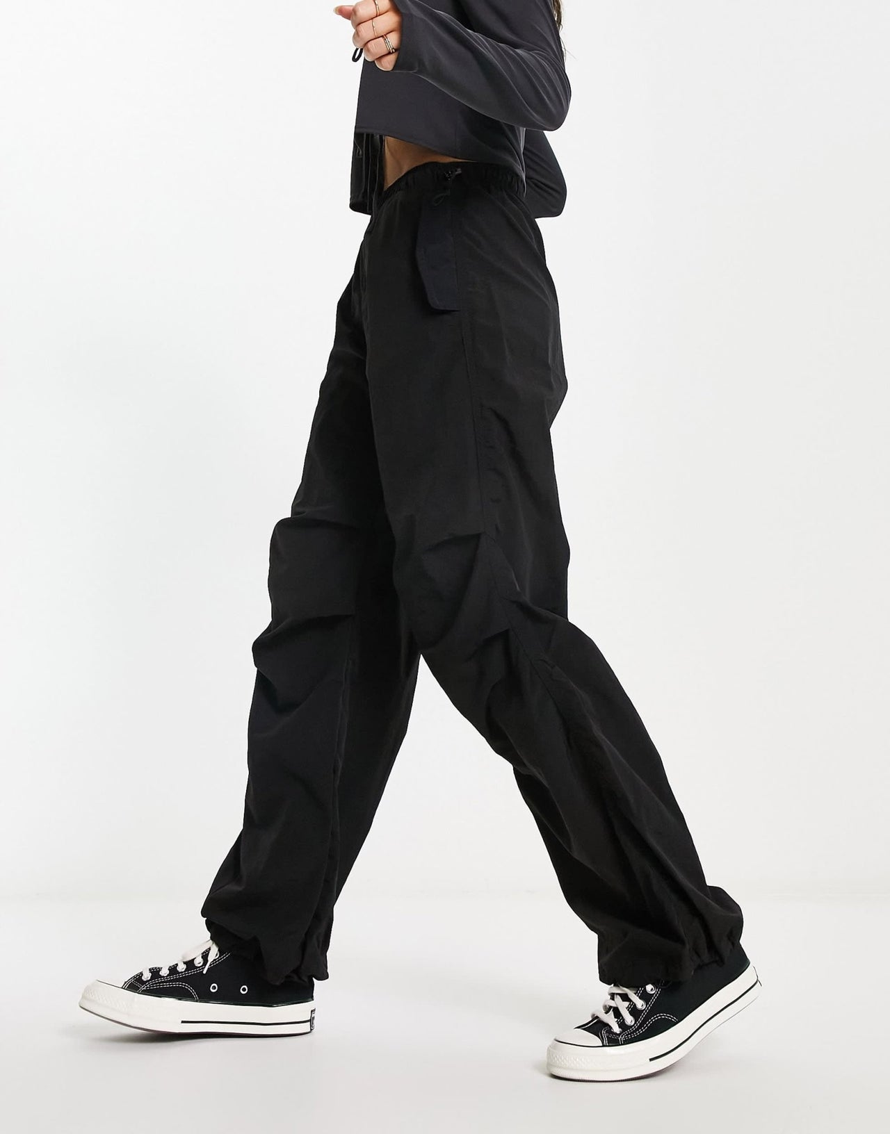 Bershka nylon parachute trouser in black - ASOS Sample Sale