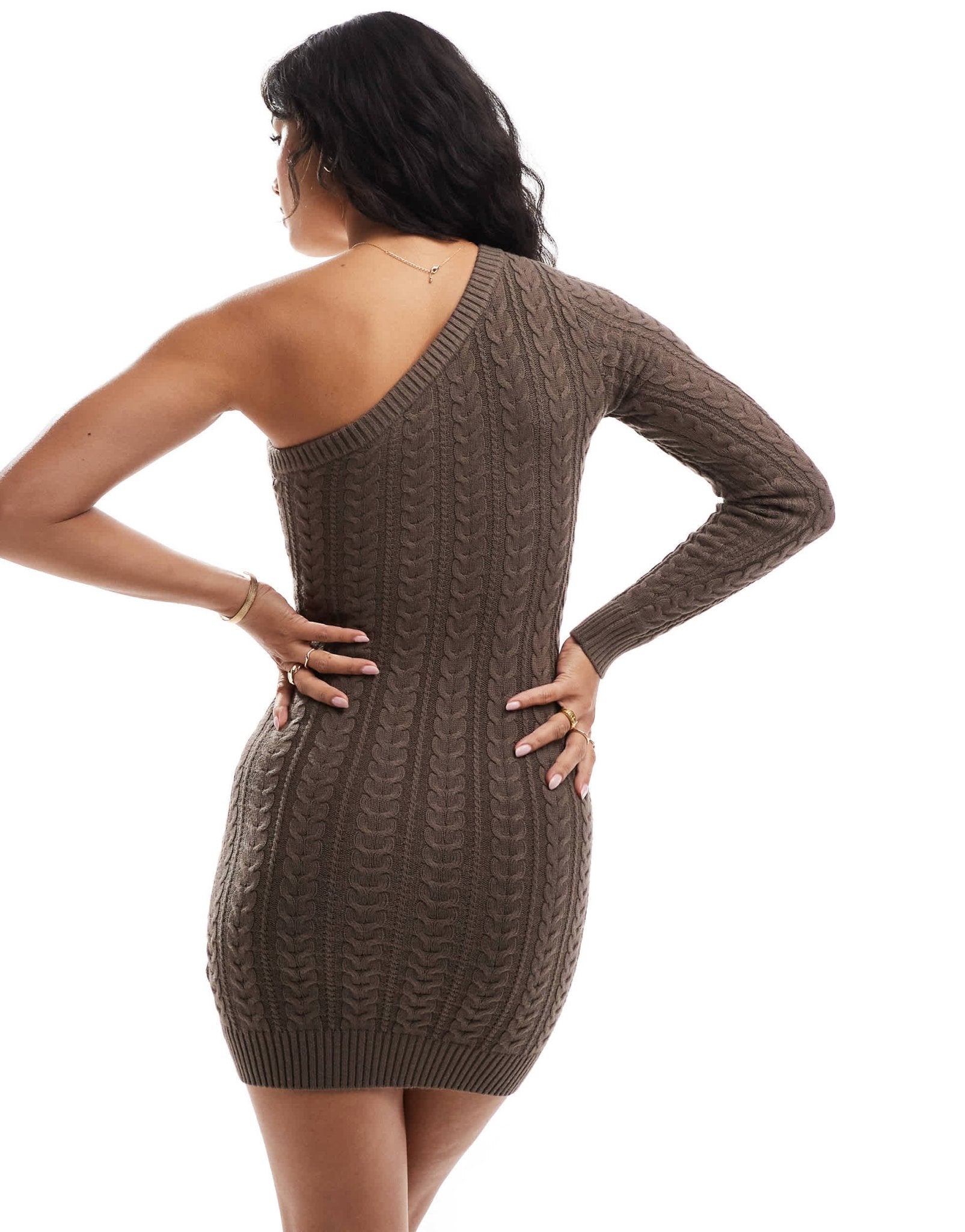Bershka one shoulder cable knit mini dress in brown - ASOS Sample Sale