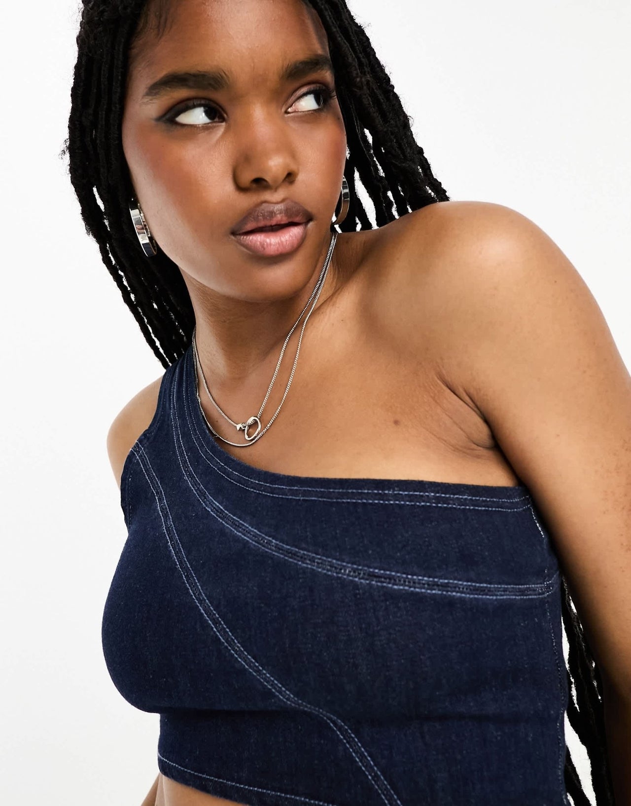 Bershka one shoulder denim top in light blue - ASOS Sample Sale