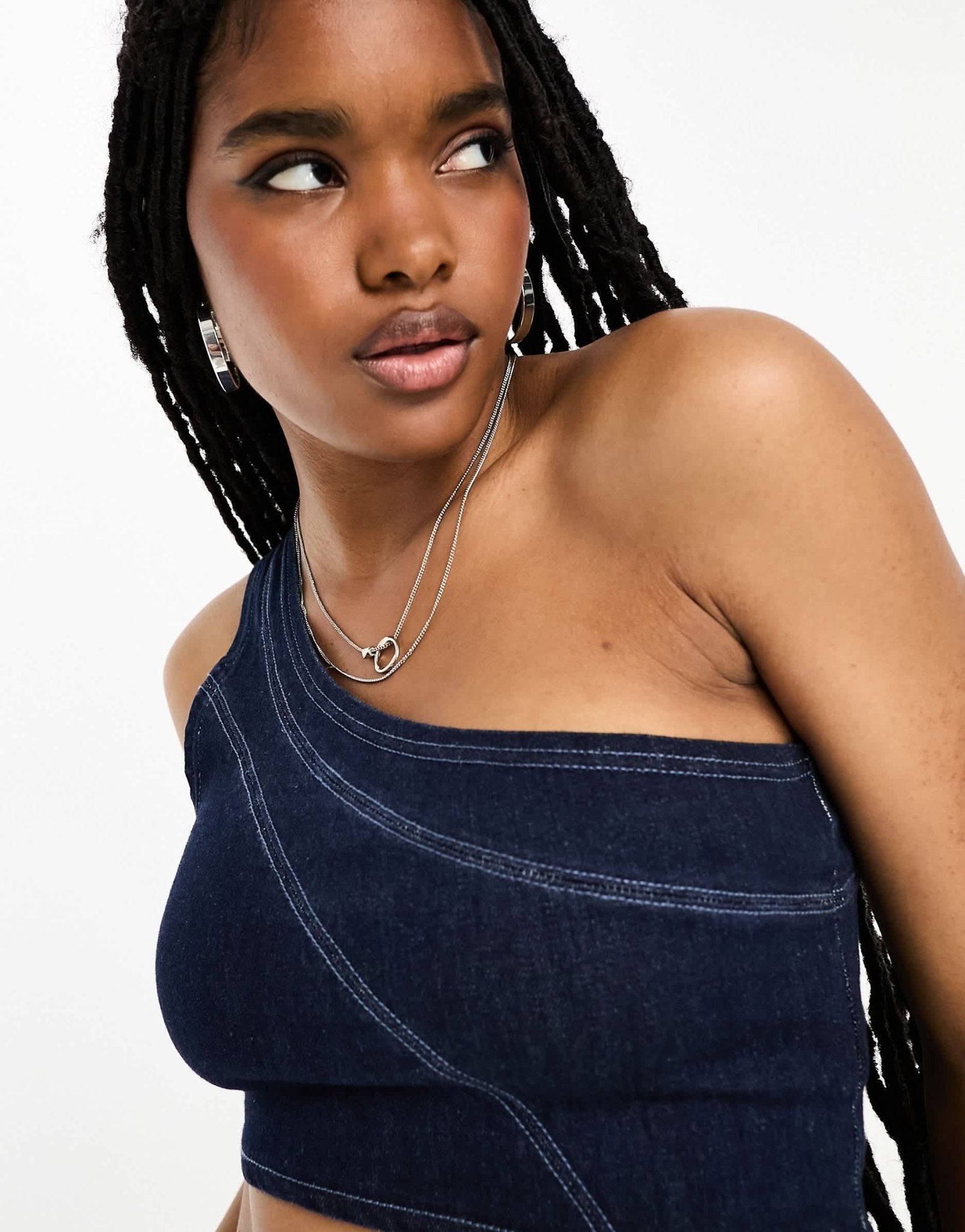 Bershka one shoulder denim top in light blue - ASOS Sample Sale