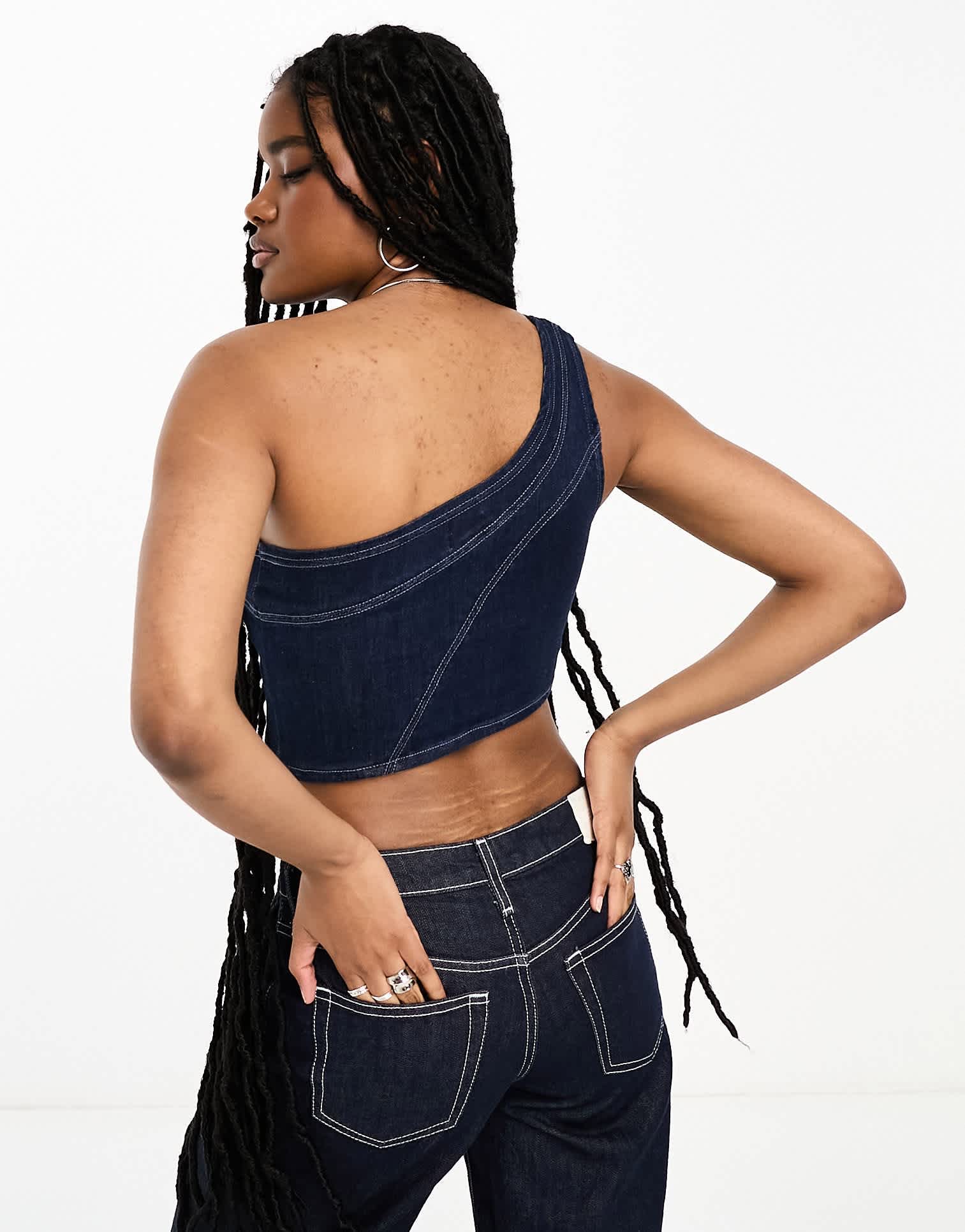 Bershka one shoulder denim top in light blue - ASOS Sample Sale
