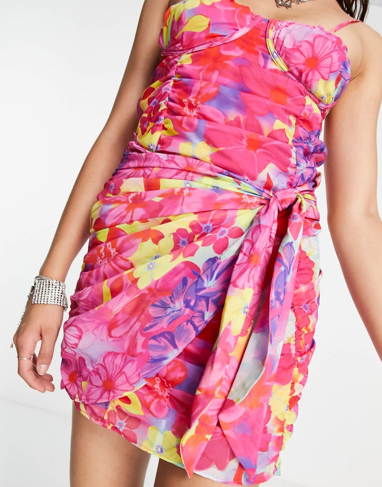 Bershka open back ruched mini dress in bold floral print - ASOS Sample Sale