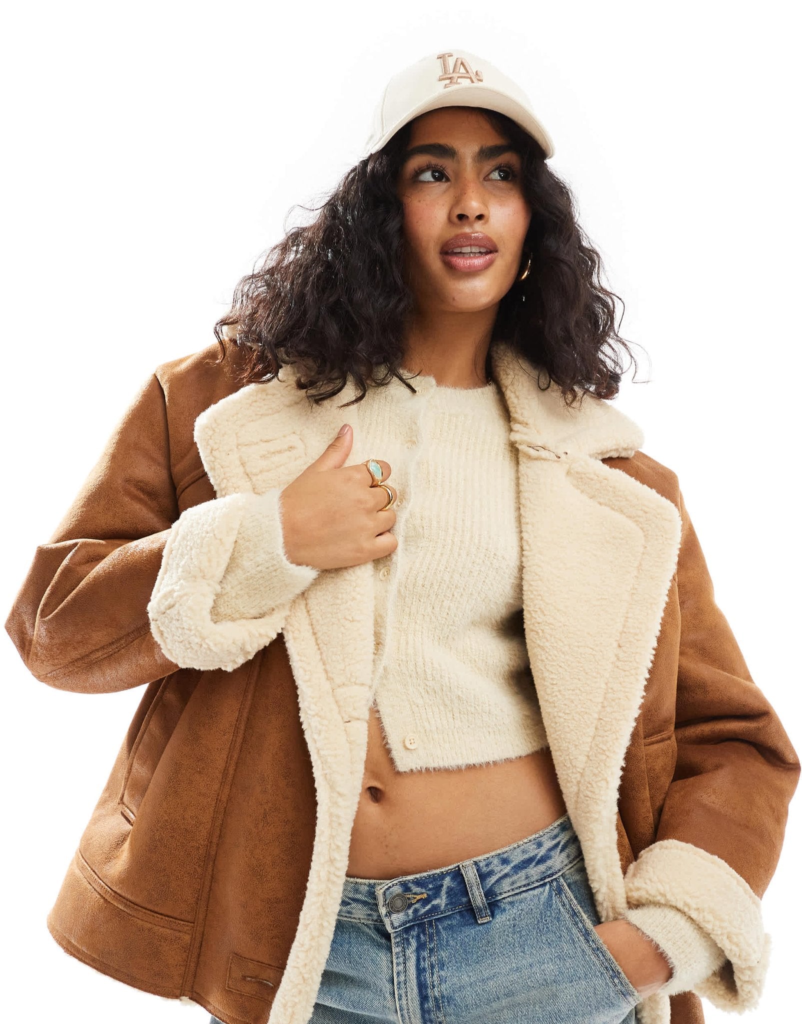 Bershka oversized contrast shearling jacket in brown - ASOS Sample Sale