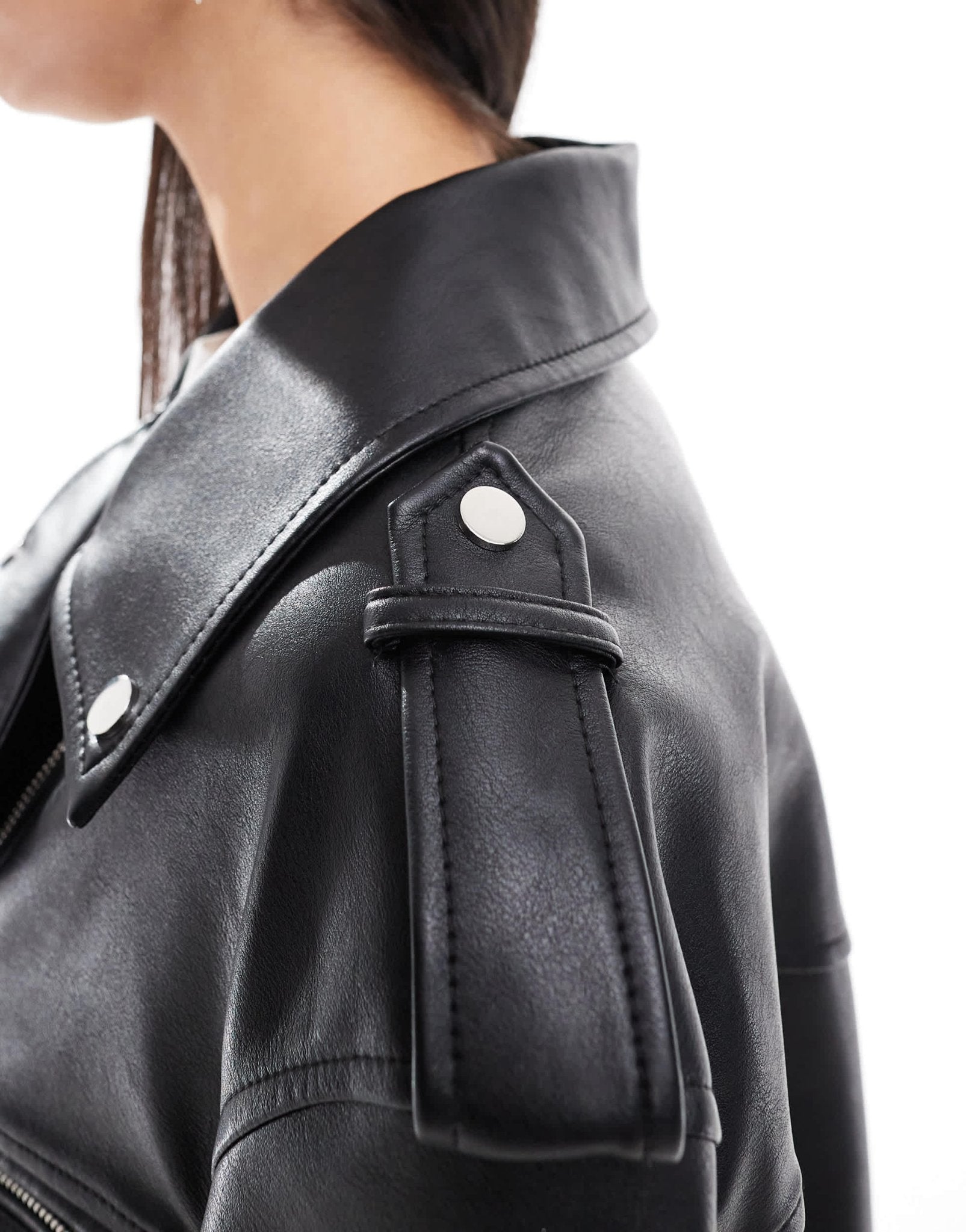 Bershka oversized faux leather biker jacket in black - ASOS Sample Sale