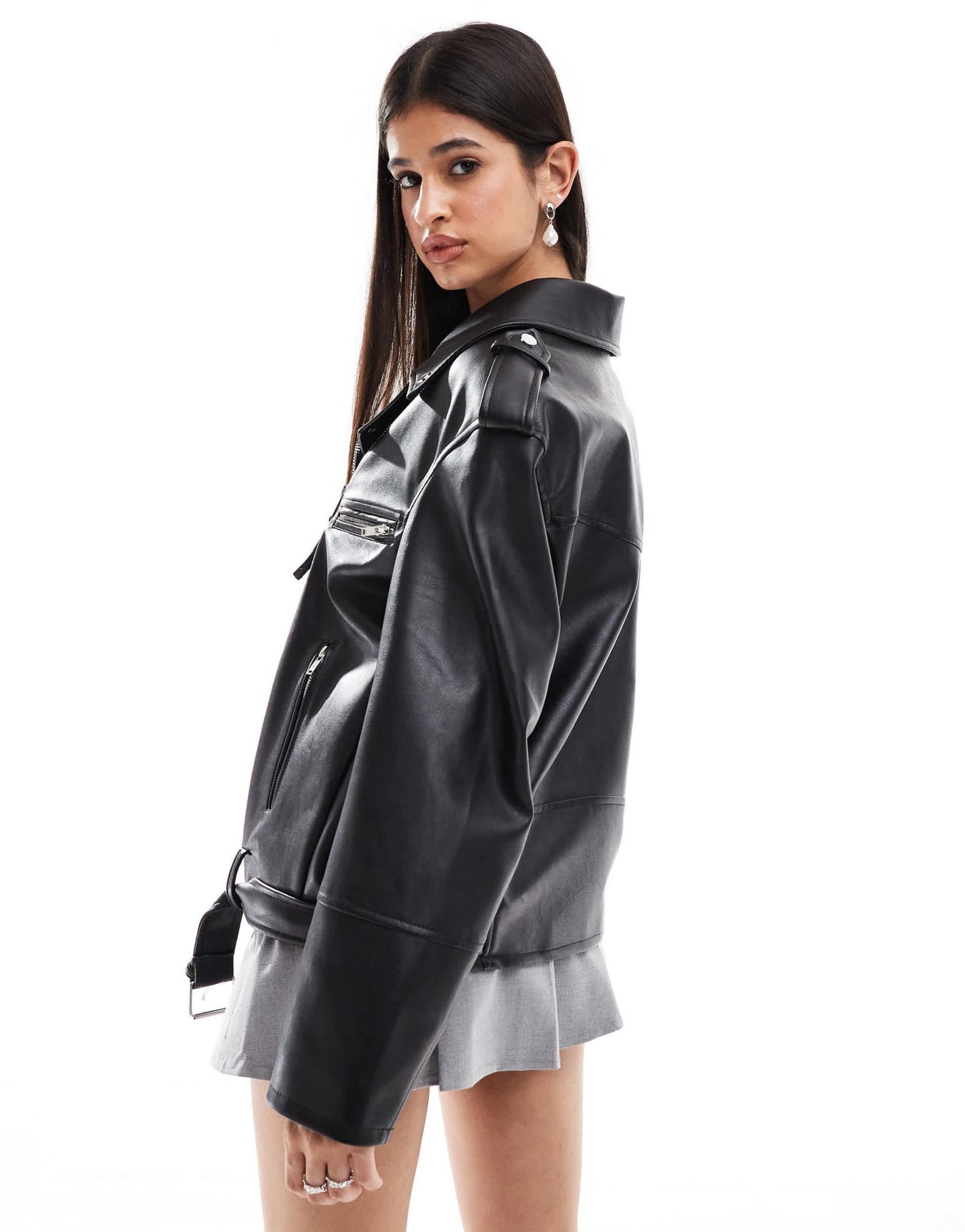 Bershka oversized faux leather biker jacket in black - ASOS Sample Sale