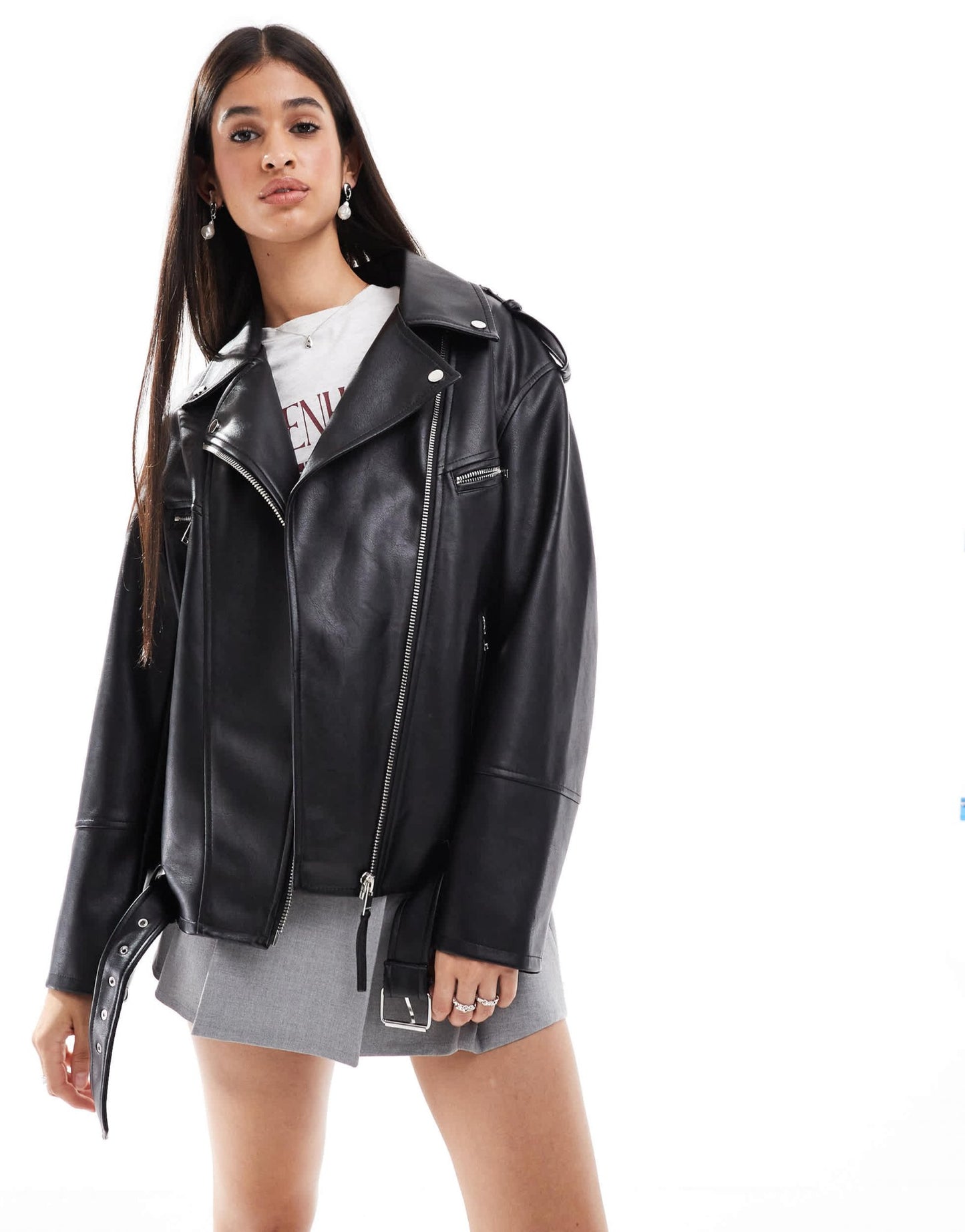 Bershka oversized faux leather biker jacket in black - ASOS Sample Sale