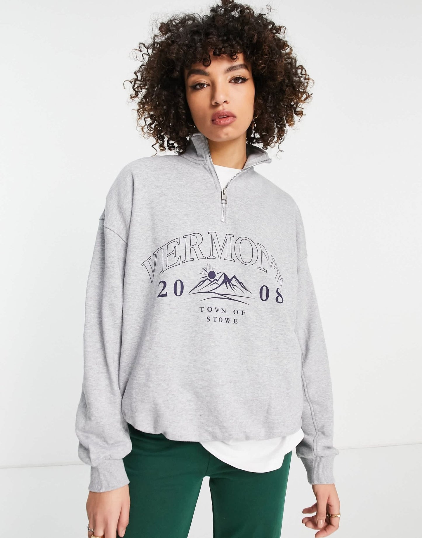 Bershka oversized half zip sweat with Vermont graphic in grey - ASOS Sample Sale