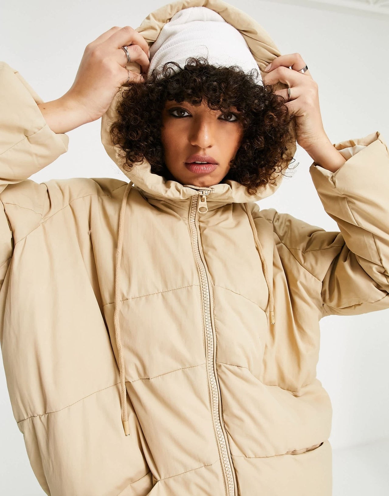 Bershka oversized long line padded coat in camel - ASOS Sample Sale
