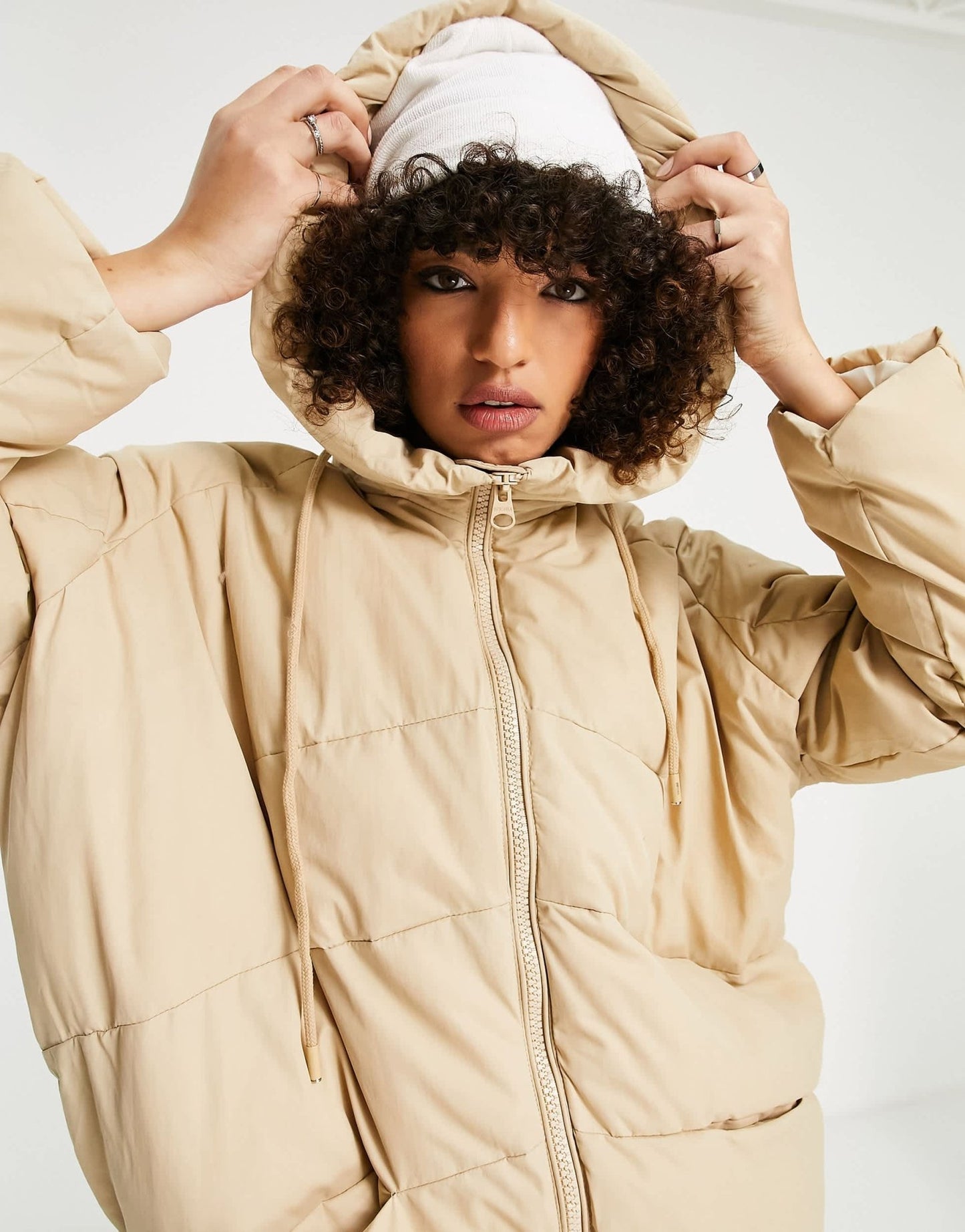 Bershka oversized long line padded coat in camel - ASOS Sample Sale