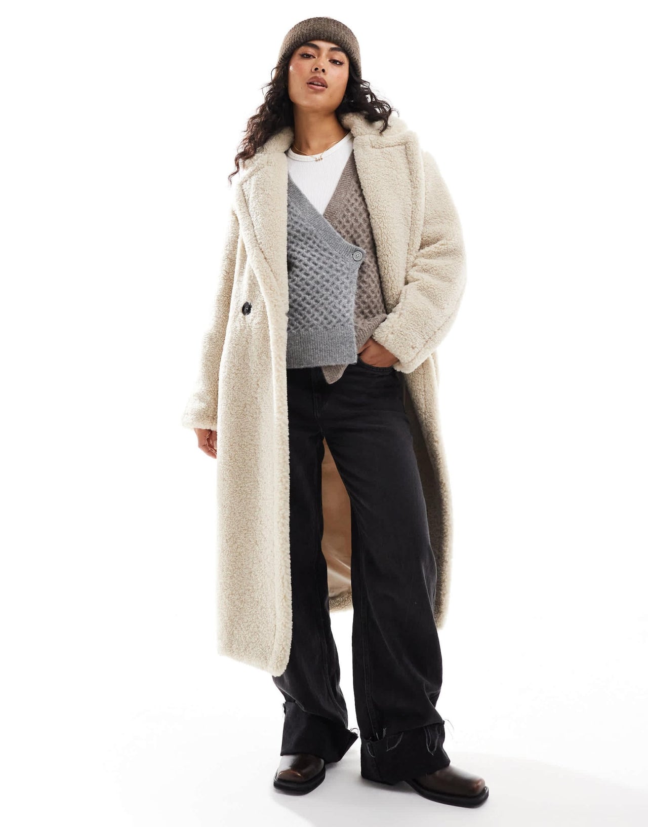 Bershka oversized longline shearling coat in ecru - ASOS Sample Sale