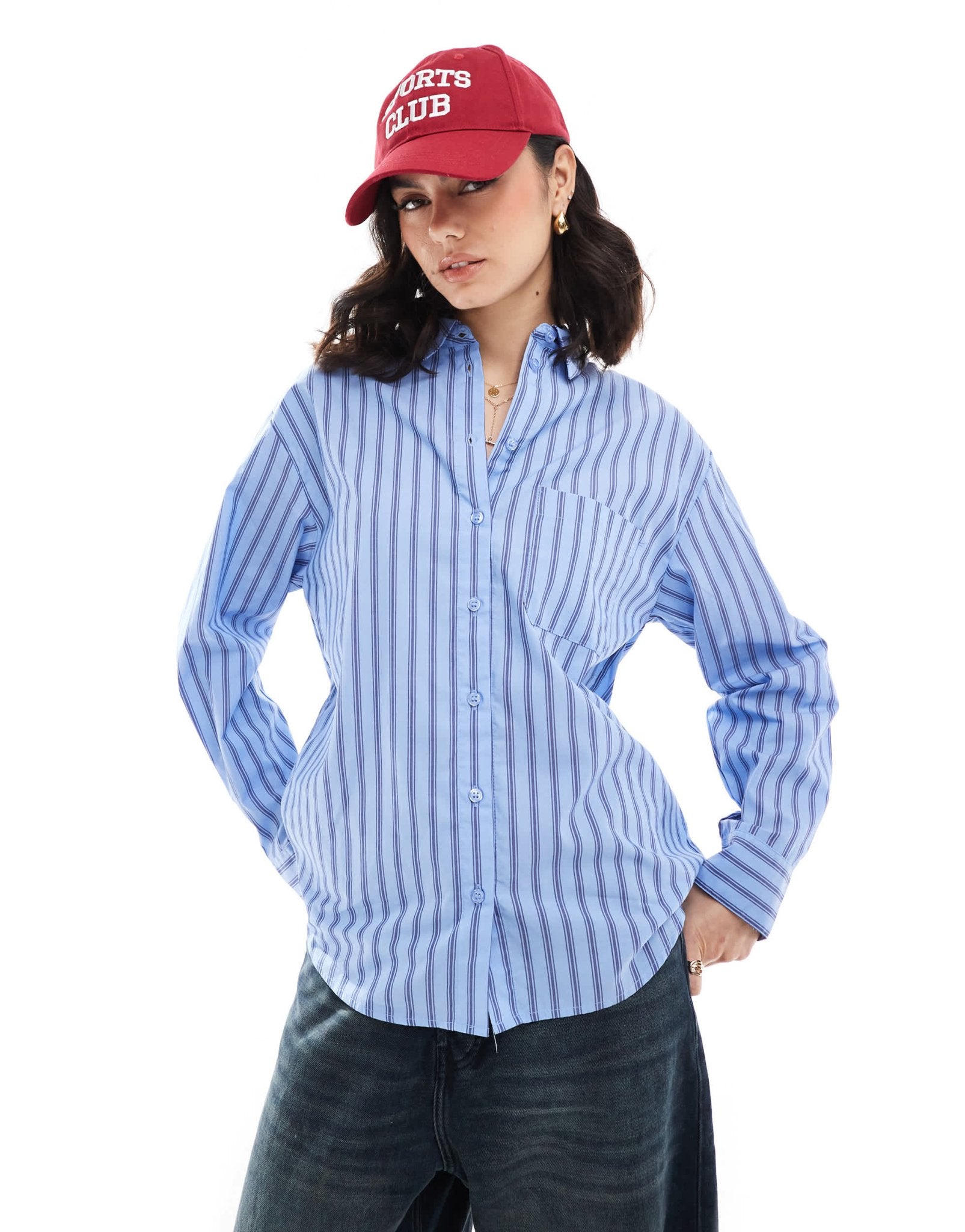 Bershka oversized shirt in blue pinstripe - ASOS Sample Sale