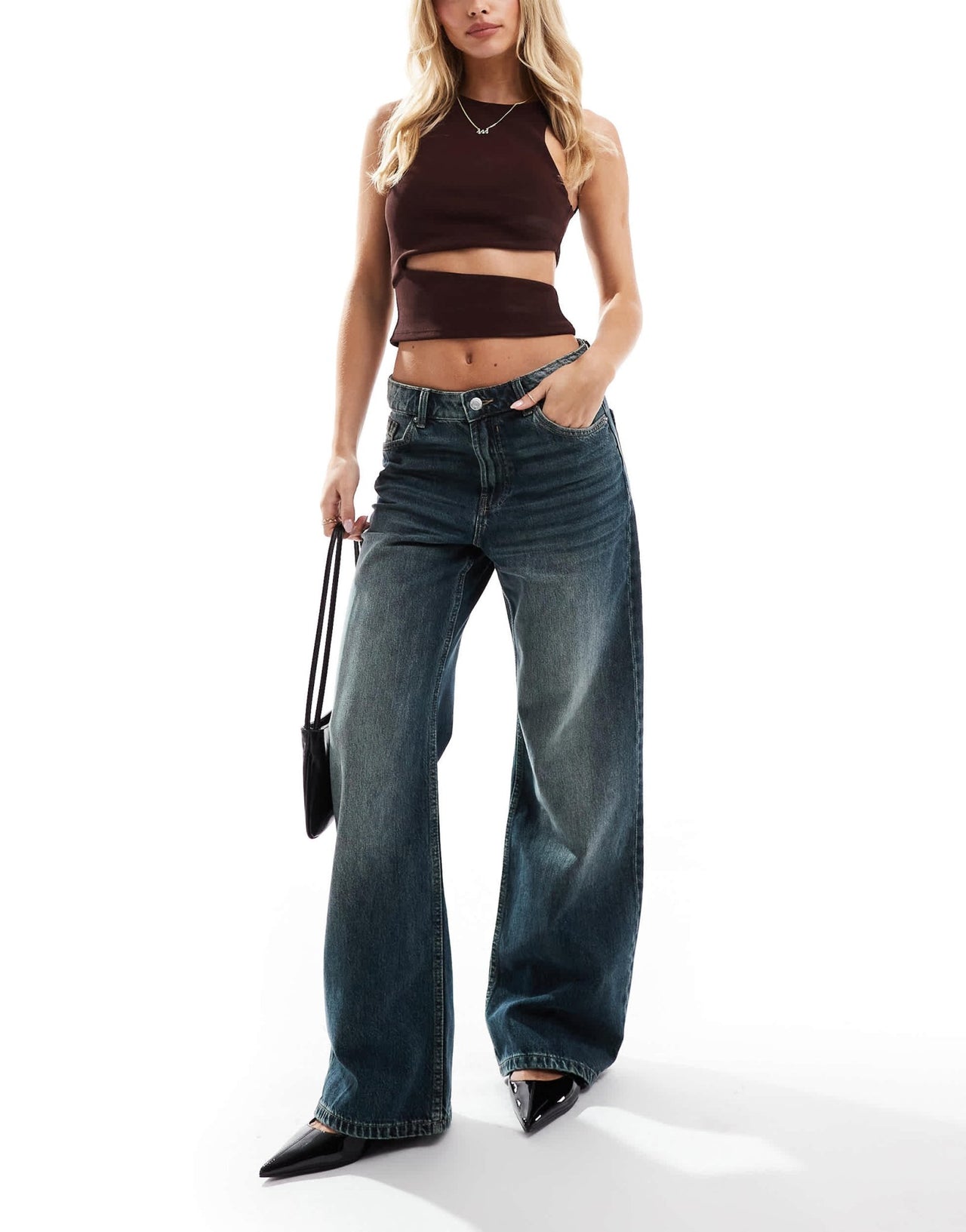 Bershka Petite baggy wide leg jeans in mid wash blue - ASOS Sample Sale