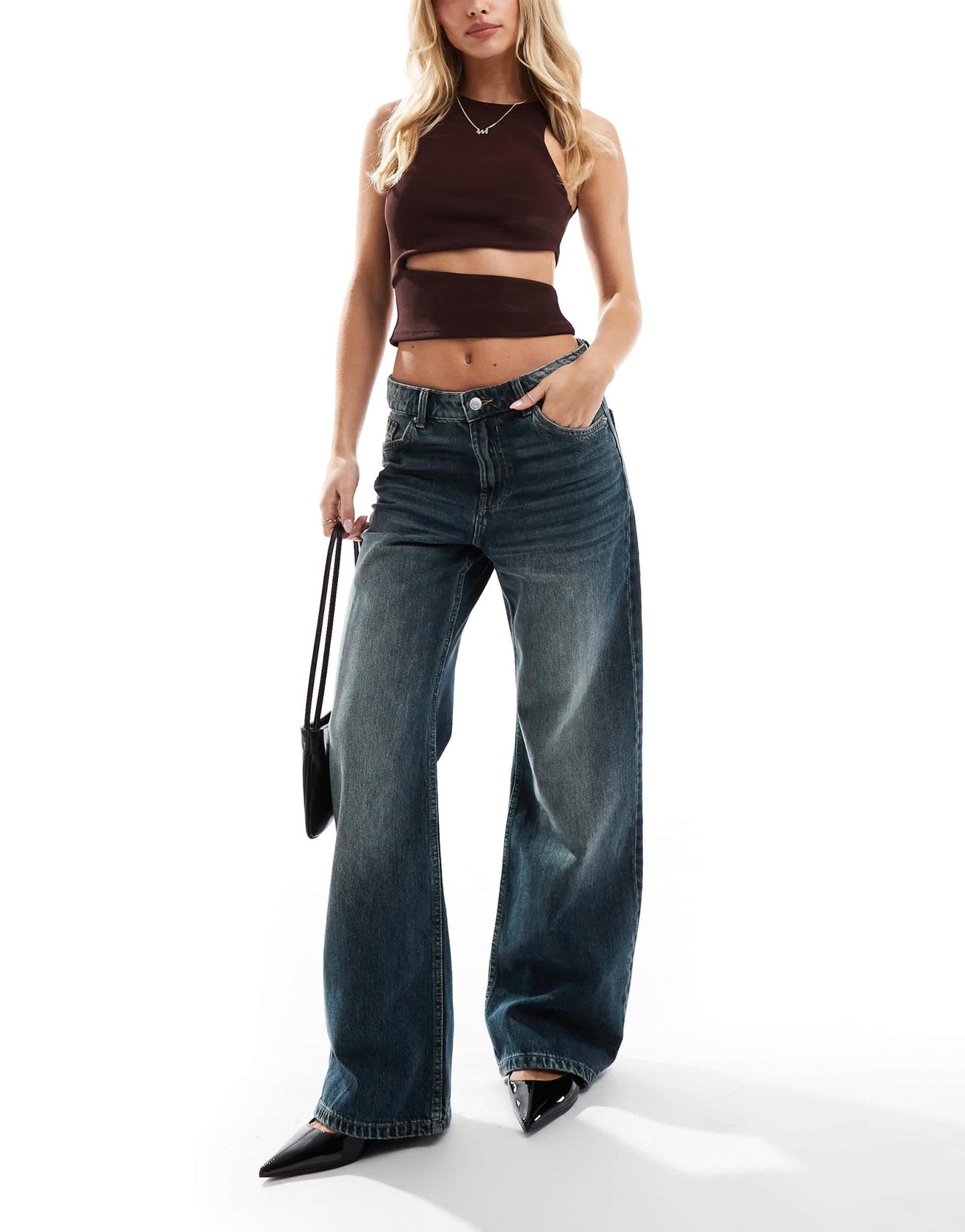 Bershka Petite baggy wide leg jeans in mid wash blue - ASOS Sample Sale