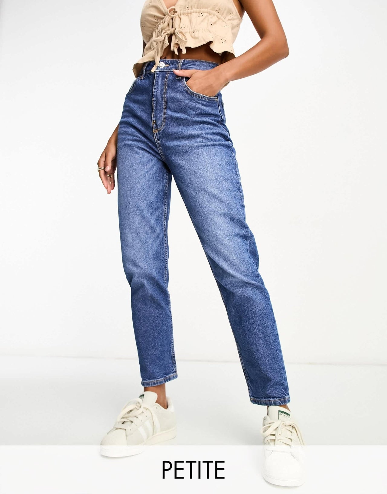 Bershka Petite comfort fit mom jean in mid blue - ASOS Sample Sale