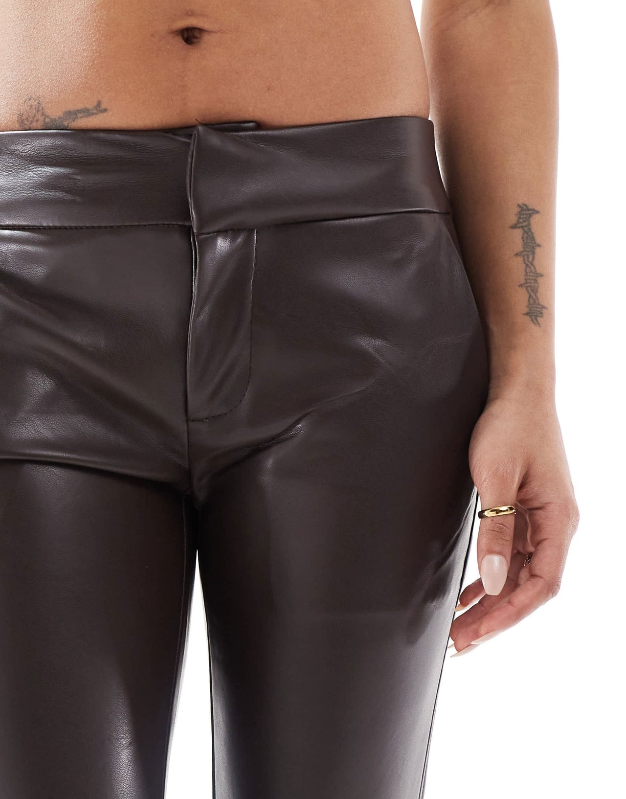 Bershka Petite faux leather flared trousers in brown - ASOS Sample Sale