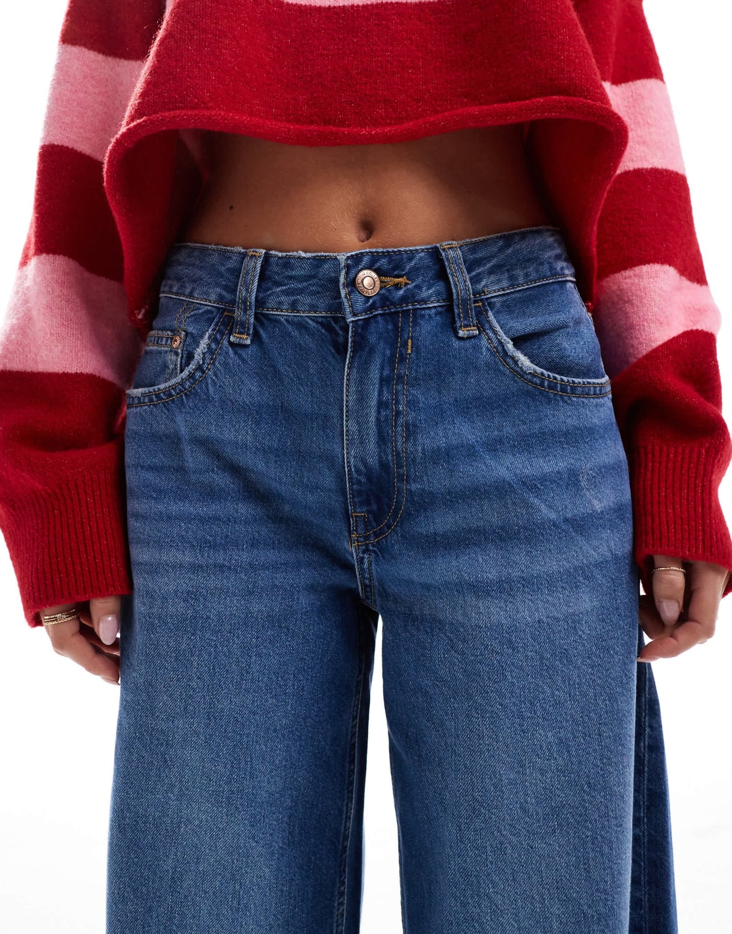 Bershka Petite high waisted wide leg jeans in dark wash - ASOS Sample Sale