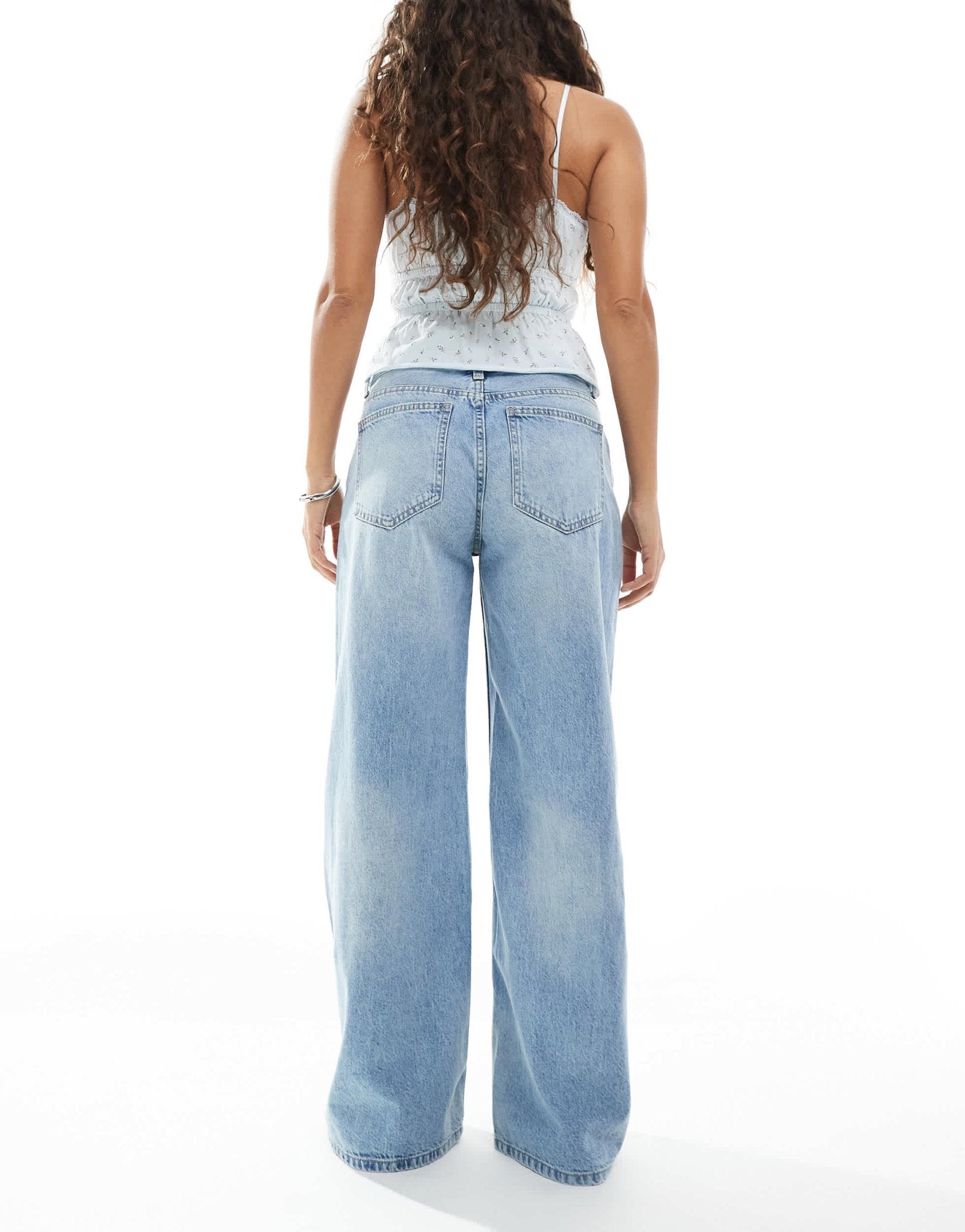 Bershka Petite high waisted wide leg jeans in light wash blue - ASOS Sample Sale