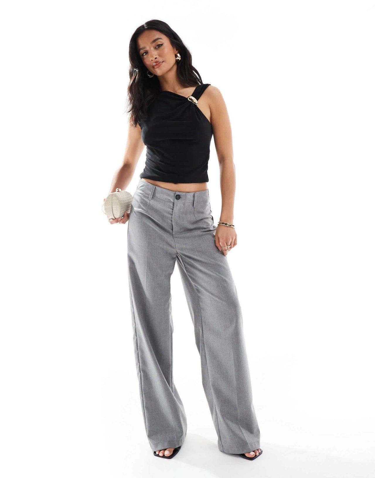 Bershka Petite high waisted wide leg tailored trouser in grey - ASOS Sample Sale