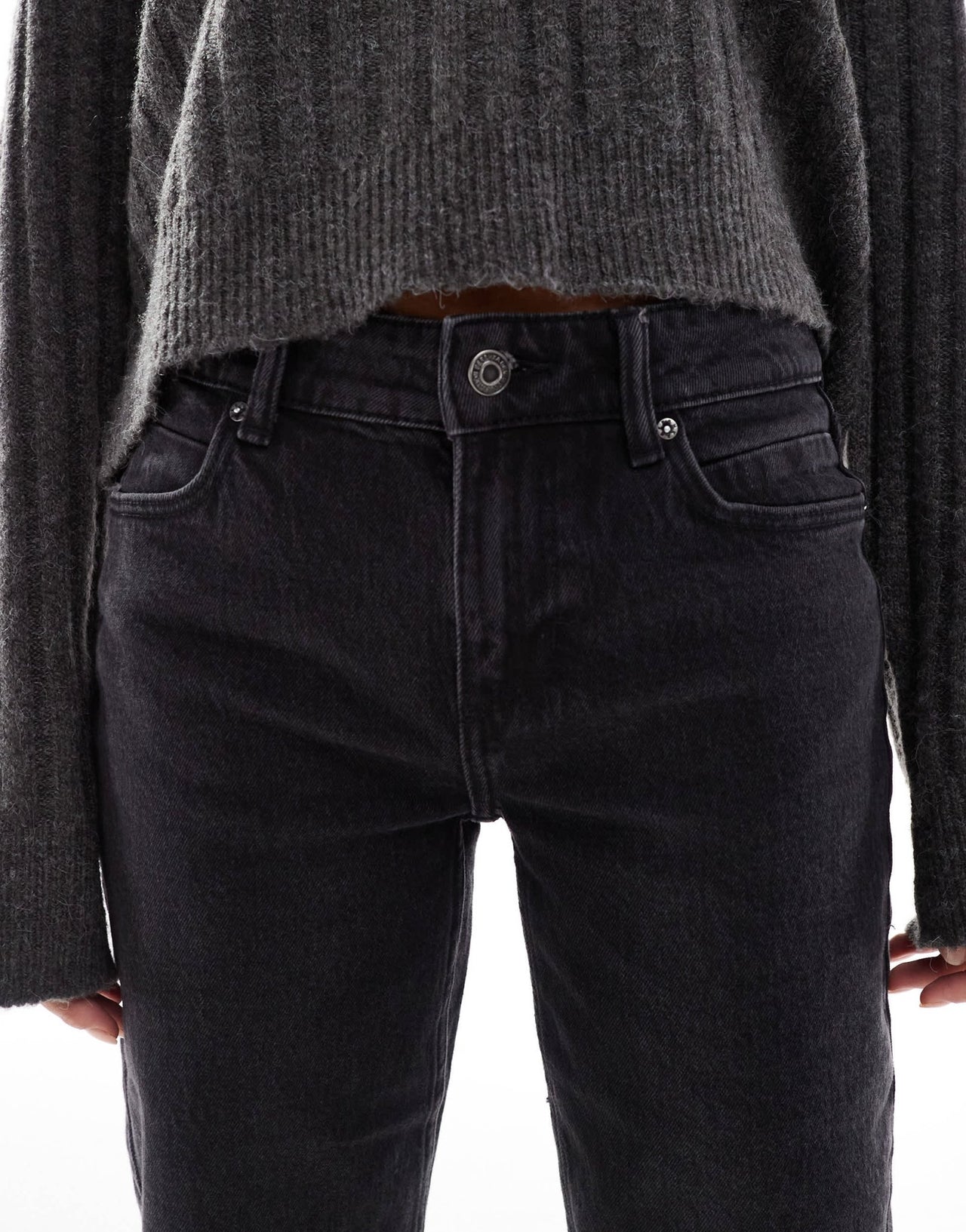 Bershka Petite split hem flare jean in black - ASOS Sample Sale