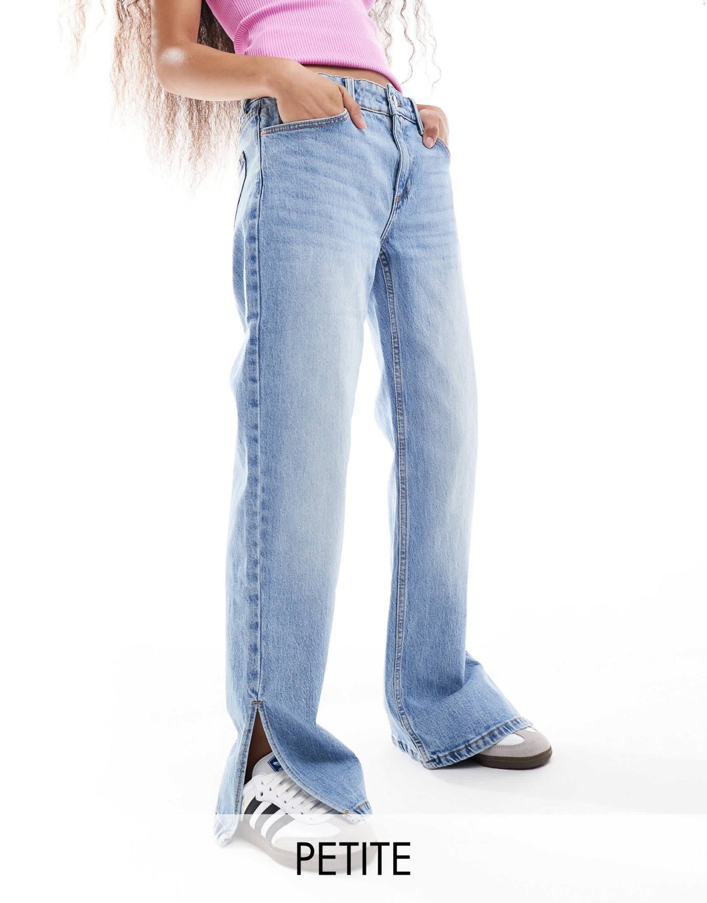 Bershka Petite split hem flare jean in light wash blue - ASOS Sample Sale