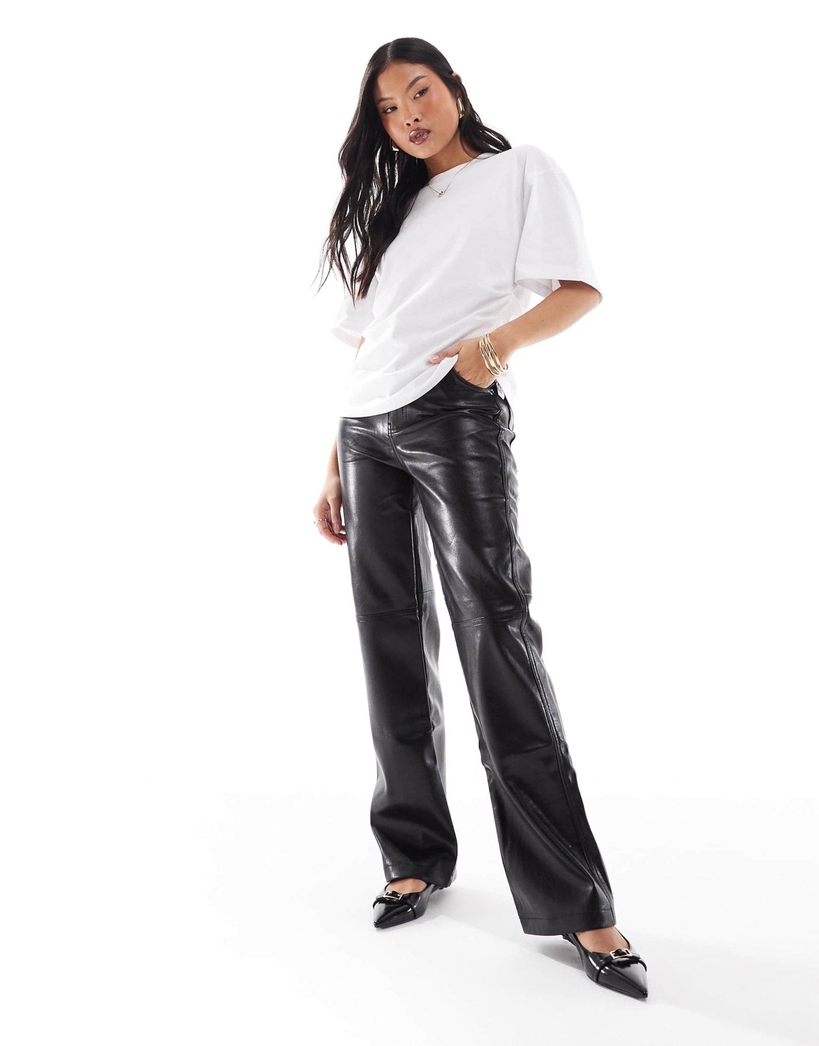 Bershka Petite straight leg faux leather trousers in black - ASOS Sample Sale