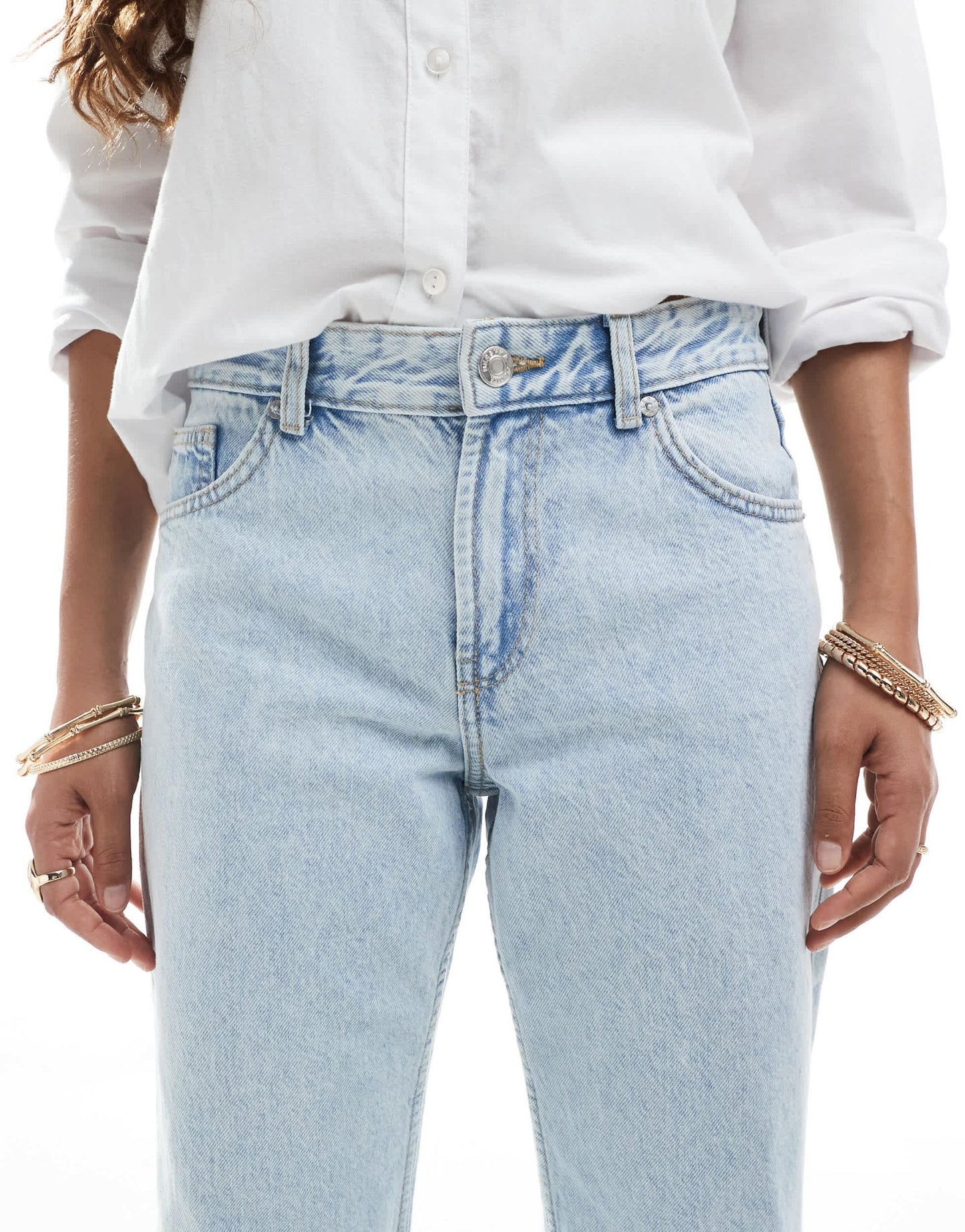 Bershka Petite straight leg jeans in super light wash blue - ASOS Sample Sale