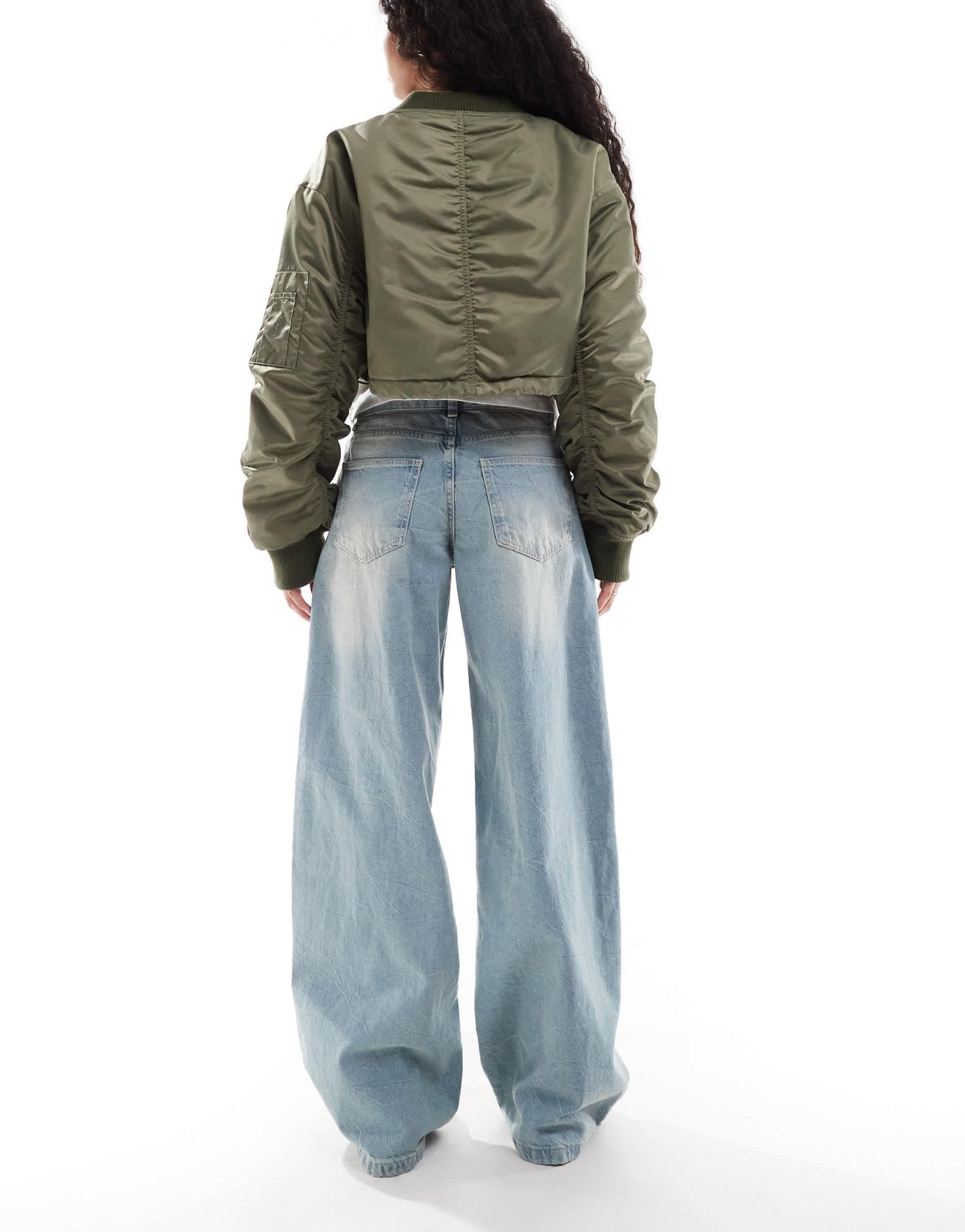 Bershka Petite wide leg baggy jeans in dirty mid blue wash - ASOS Sample Sale