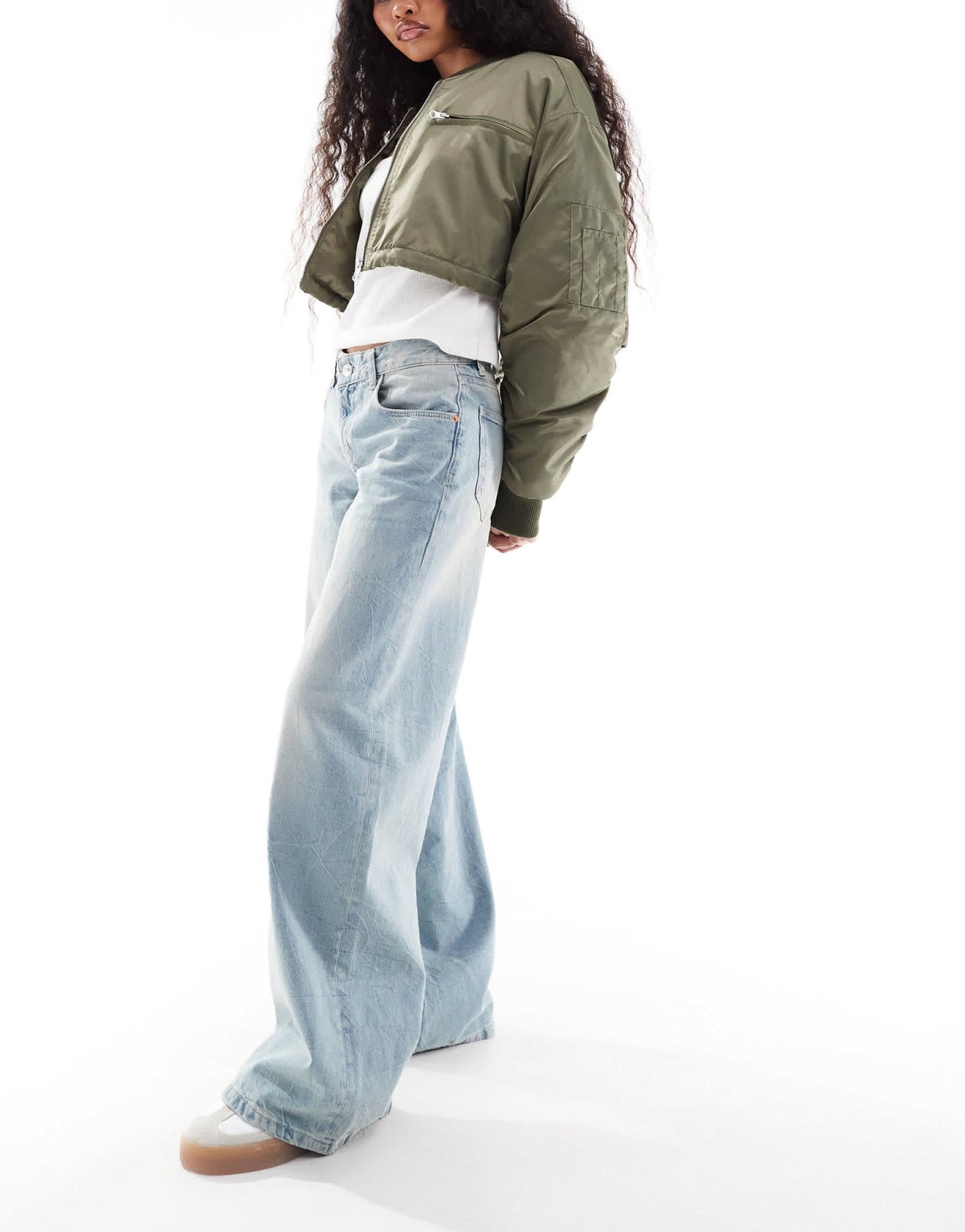Bershka Petite wide leg baggy jeans in dirty mid blue wash - ASOS Sample Sale