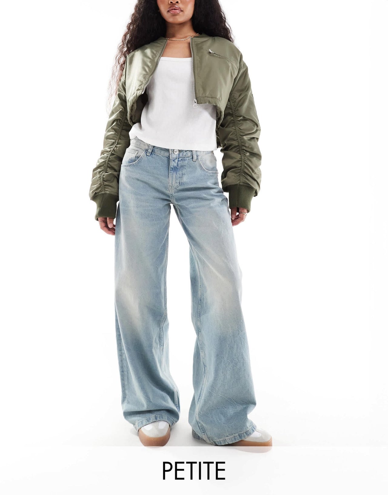 Bershka Petite wide leg baggy jeans in dirty mid blue wash - ASOS Sample Sale
