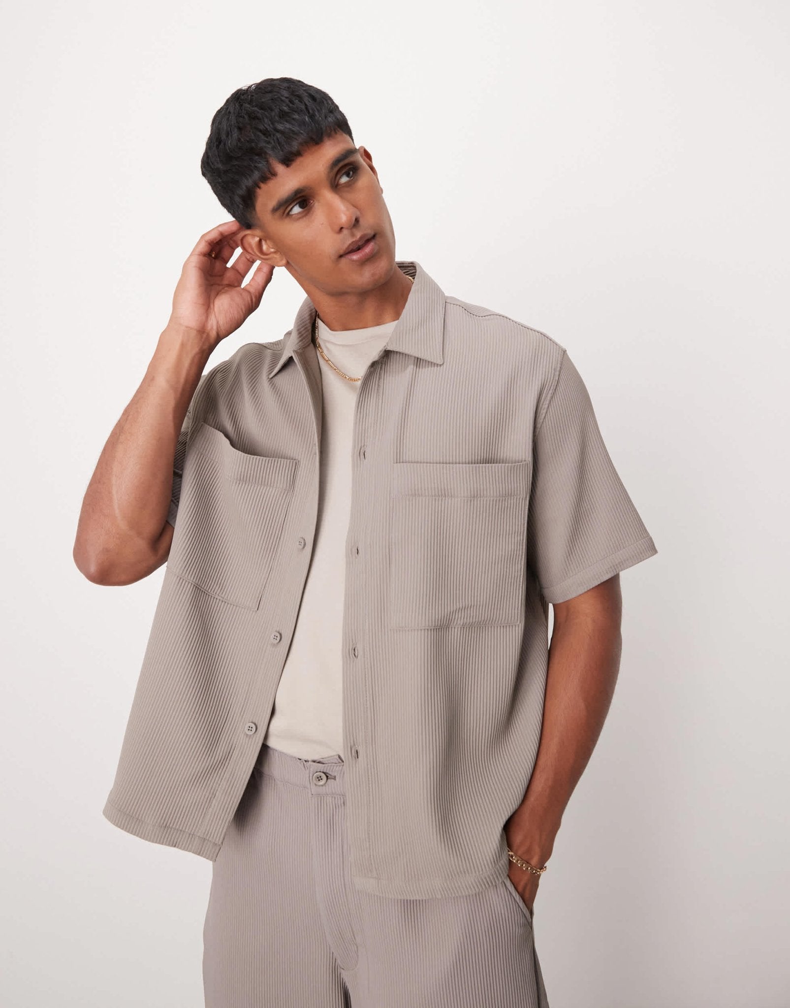 Bershka plisse pocket shirt co - ord in light brown - ASOS Sample Sale