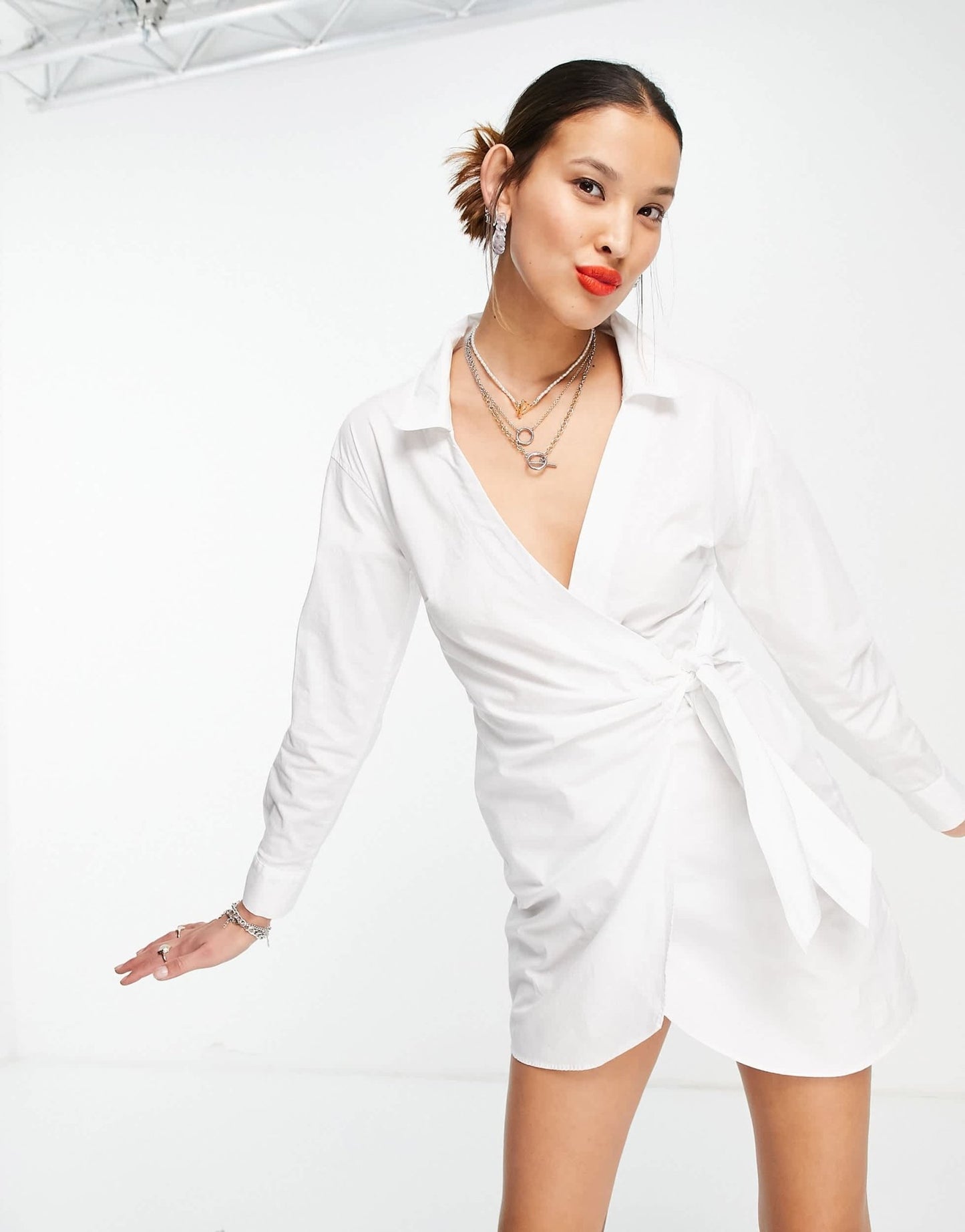 Bershka plunge v neck wrap dress in white - ASOS Sample Sale