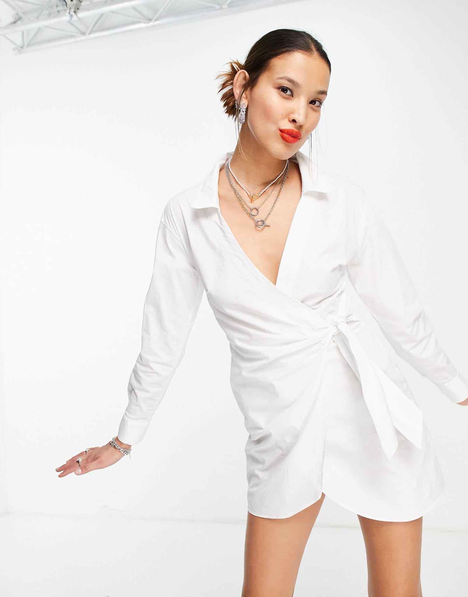 Bershka plunge v neck wrap dress in white - ASOS Sample Sale